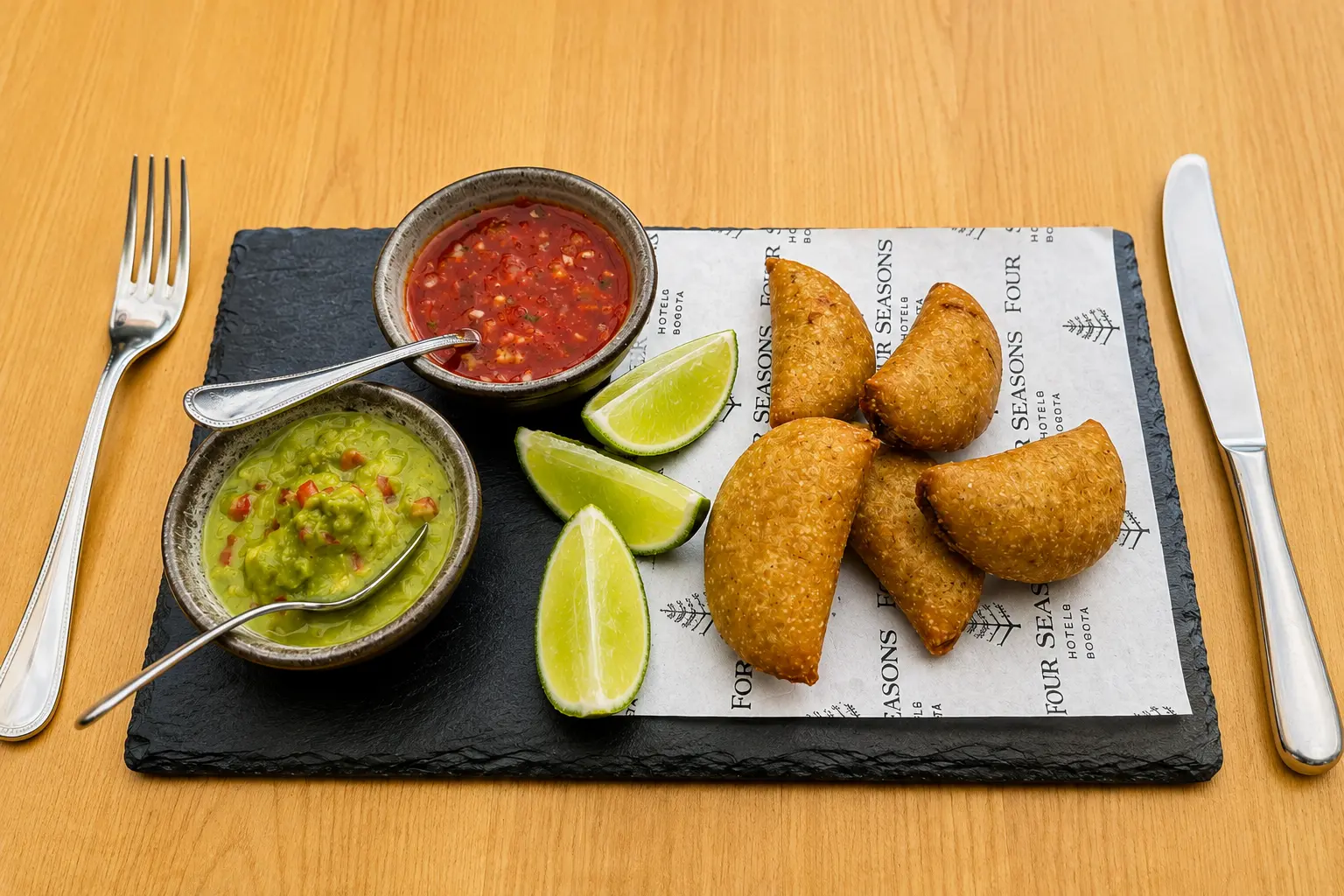 Empanadas at Four Seasons Hotel Casa Medina Bogotá served with guacamole, salsa and fresh lime at Castanyoles restaurant.