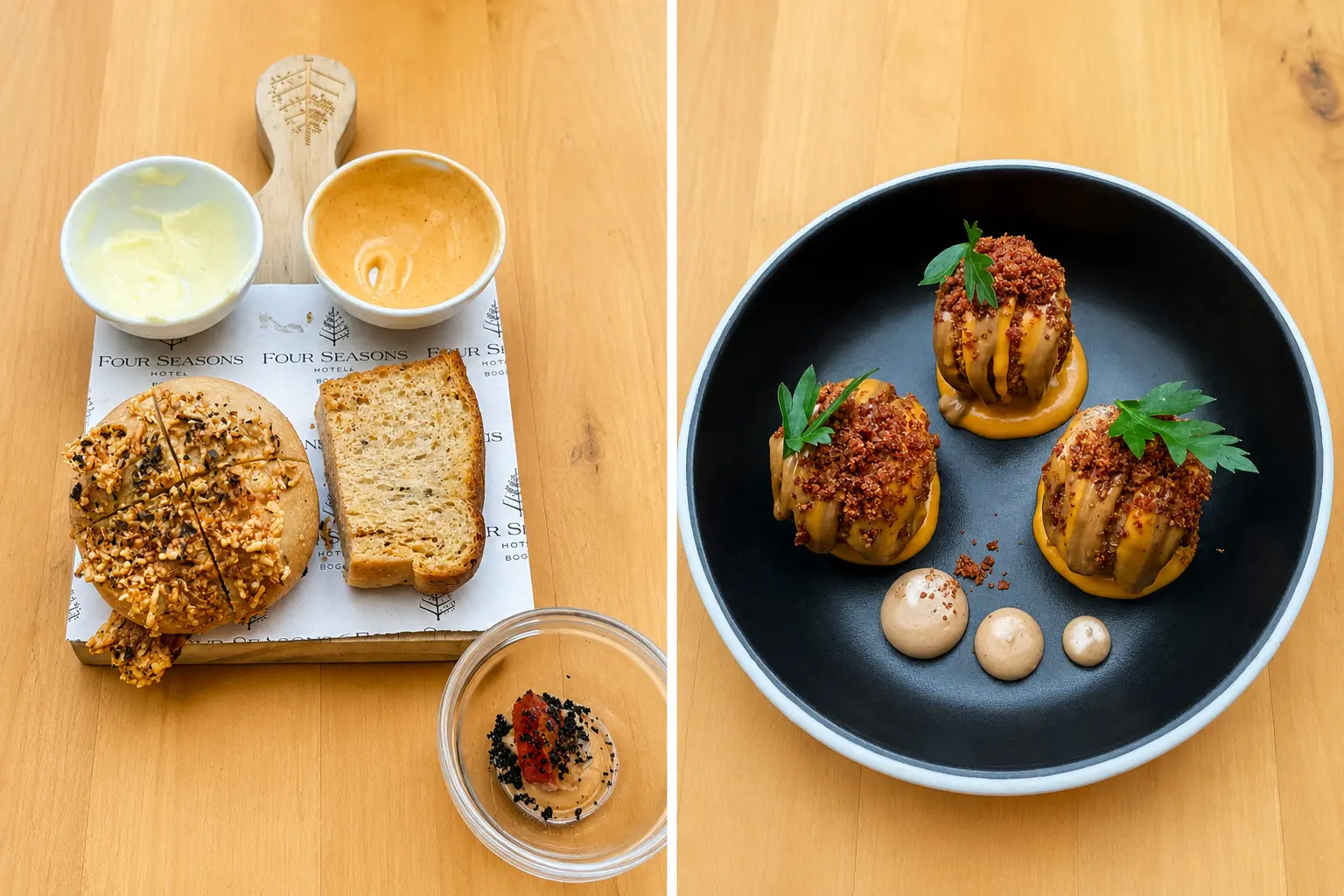Food at Castanyoles restaurant at Four Seasons Hotel Casa Medina Bogotá, including house bread, sauces and plated Colombian-inspired dishes.