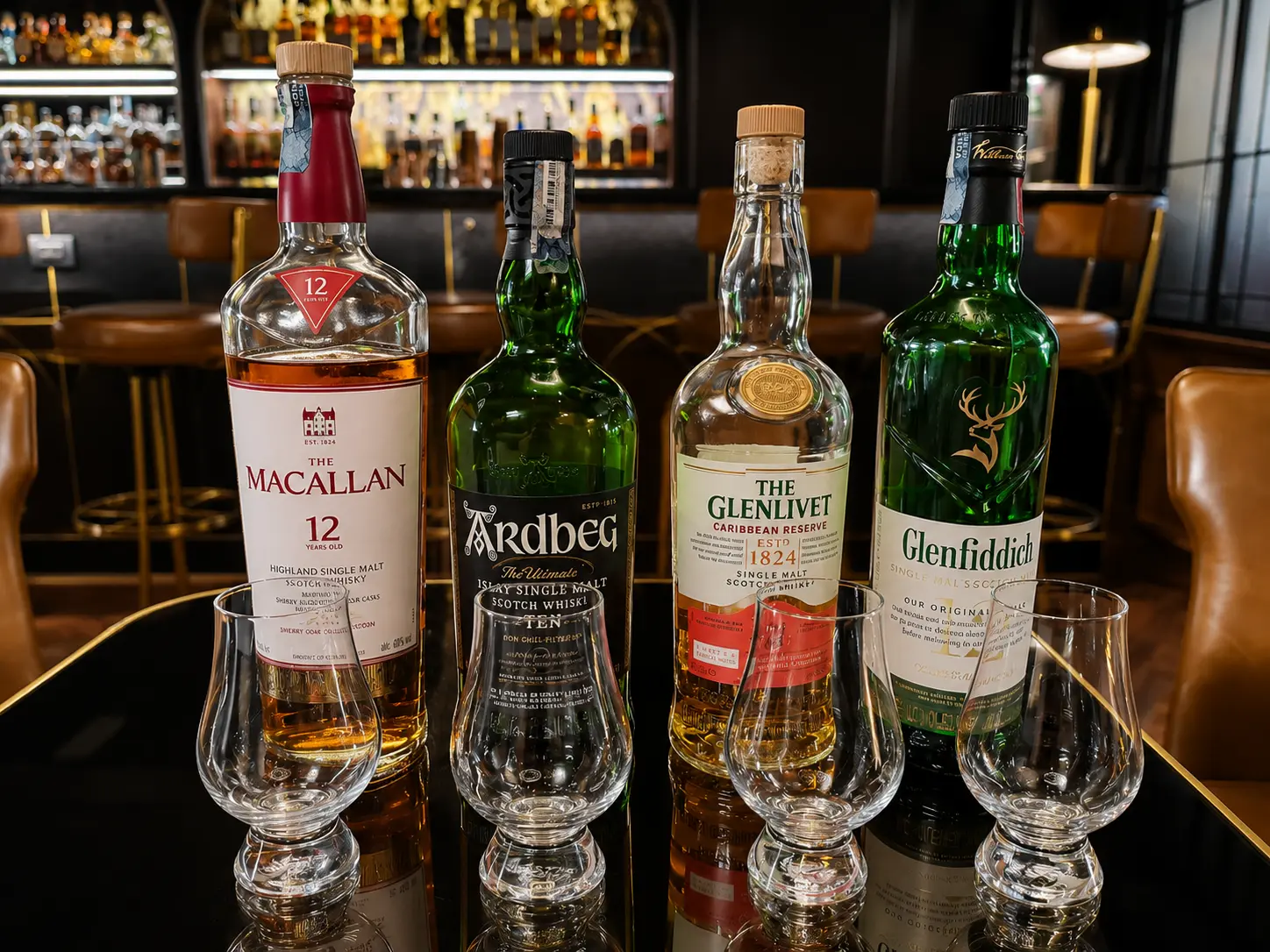Whisky tasting at Four Seasons Hotel Casa Medina Bogotá with Macallan, Ardbeg, Glenlivet and Glenfiddich bottles and tasting glasses. 