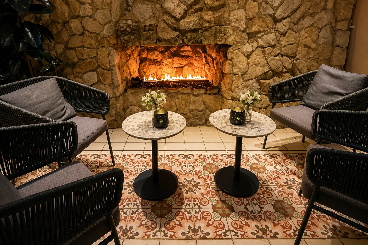 ounge at Four Seasons Hotel Casa Medina Bogotá with stone fireplace, arched windows, antique-style chairs and Persian rug. 