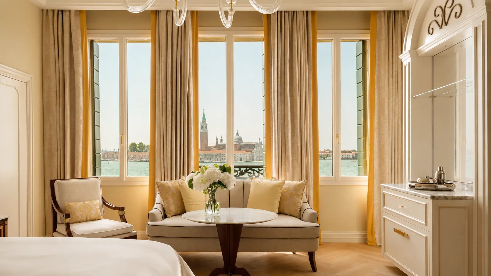 Luxury hotel room in Venice showing how European hotel room sizes and layouts can vary within the same category.