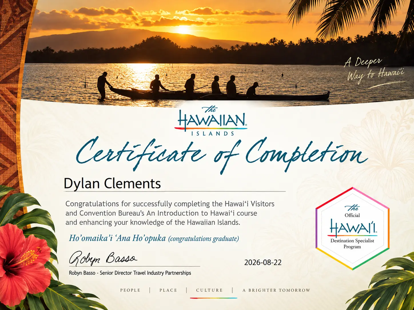 Hawaii Destination Specialist certificate awarded to Dylan Clements of Clements Travel