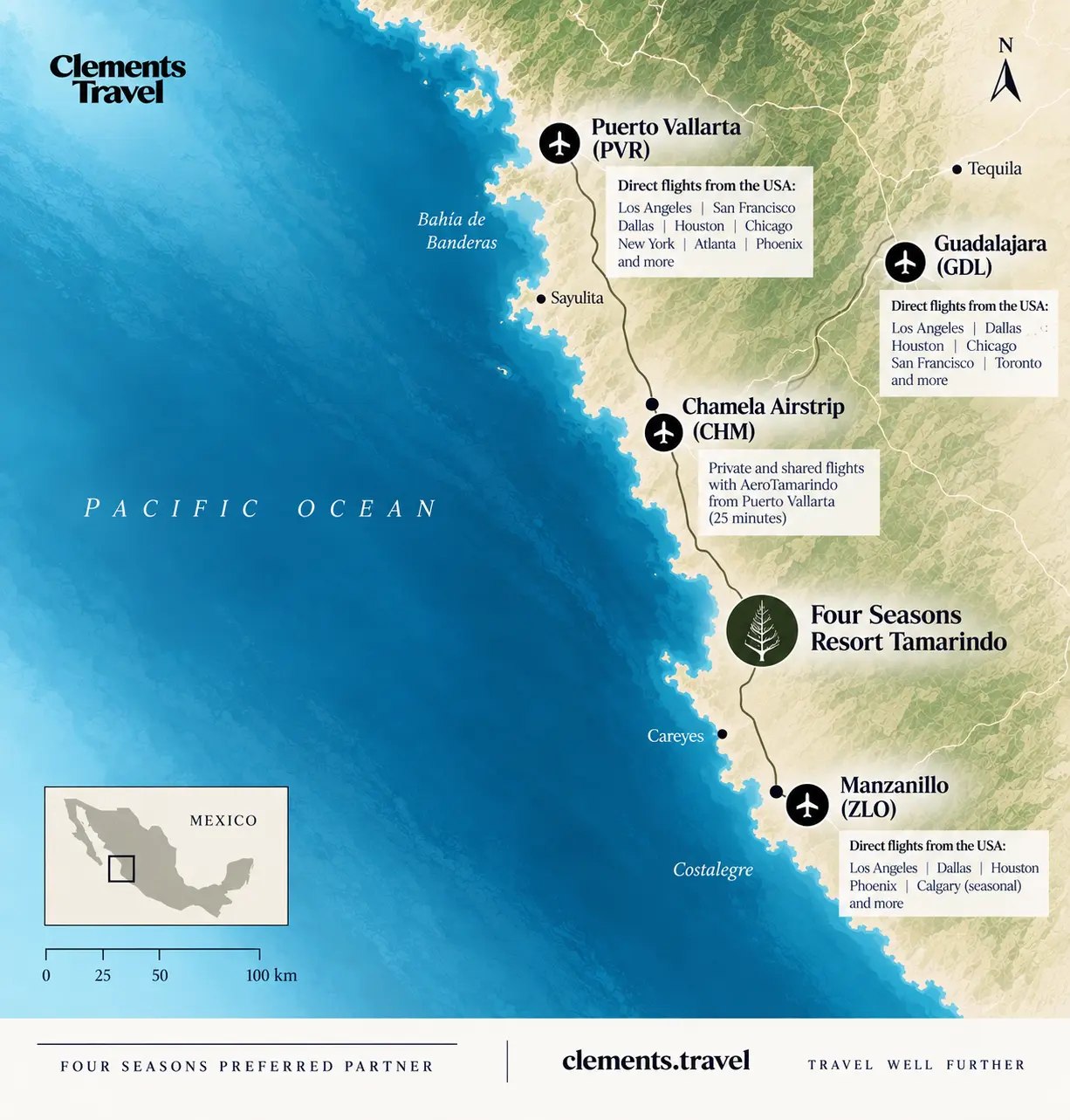 Map showing how to get to Four Seasons Tamarindo from Puerto Vallarta, Manzanillo, Guadalajara and Chamela Airstrip