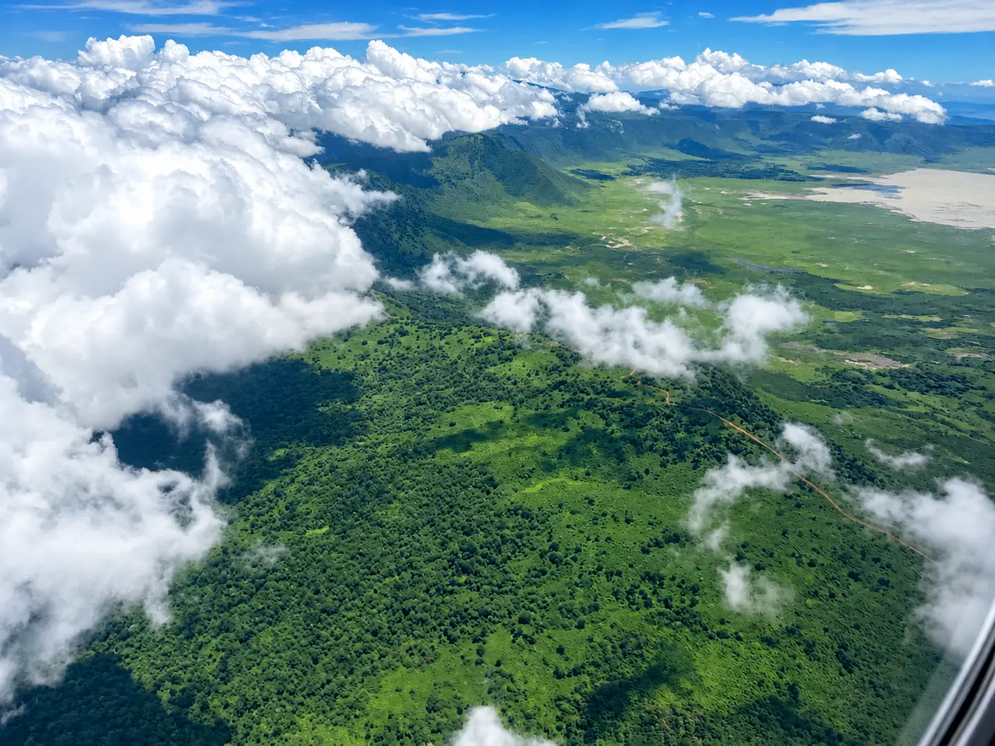 View over Tanzania from a small safari plane flying to Four Seasons Safari Lodge Serengeti.