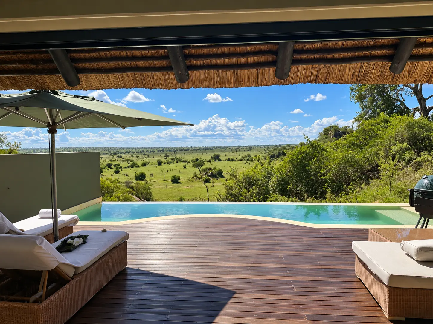 Private infinity pool and Serengeti views from a One-Bedroom Villa at Four Seasons Safari Lodge Serengeti, Tanzania.