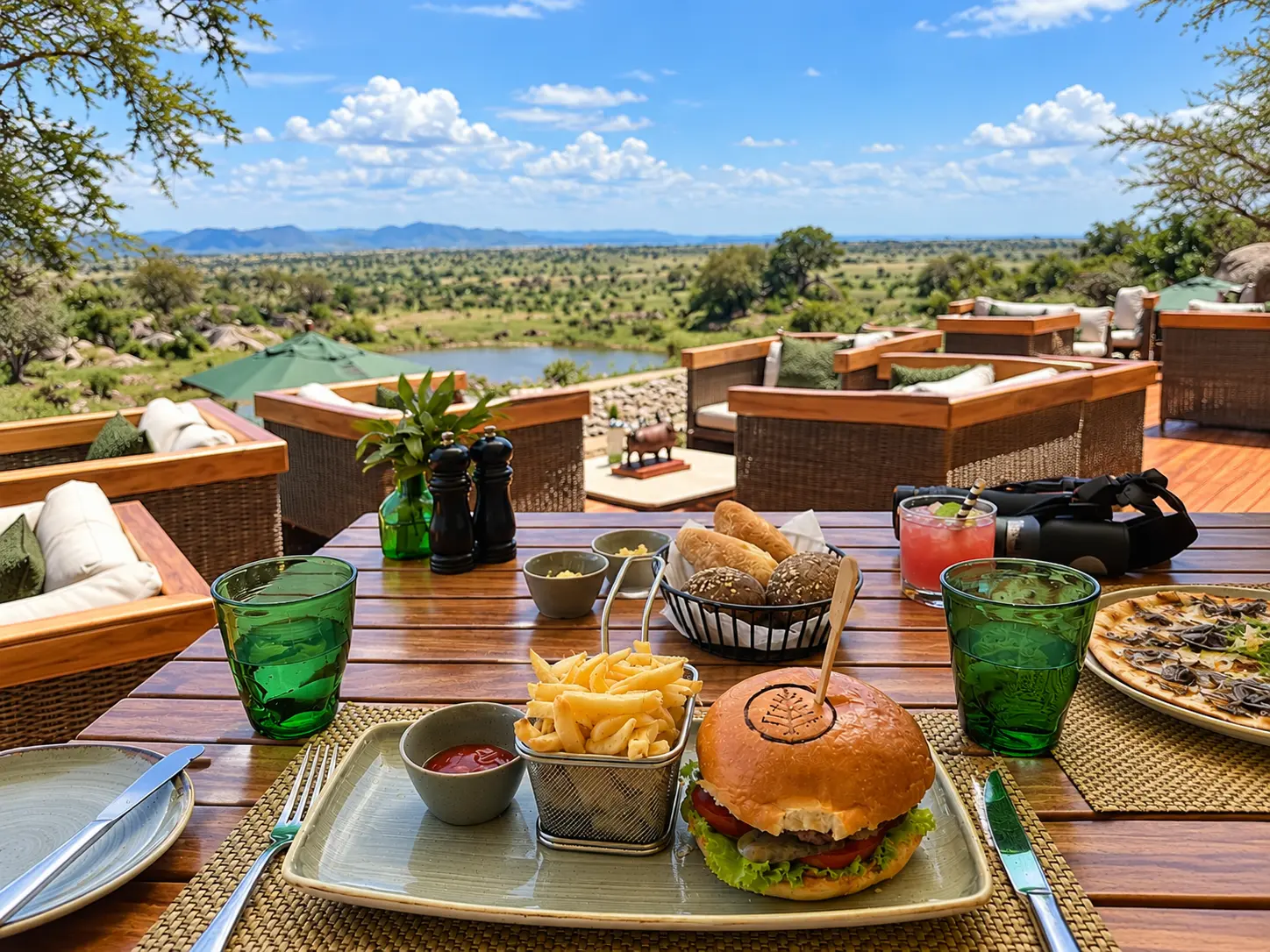 Burger and fries at Maji Bar and Terrace overlooking the Serengeti at Four Seasons Safari Lodge Serengeti.