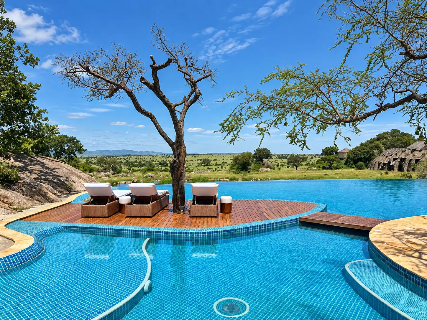 Infinity pool overlooking the Serengeti plains at Four Seasons Safari Lodge Serengeti in Tanzania.