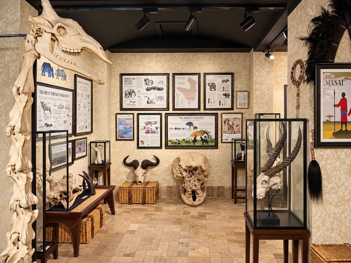 Wildlife exhibits, animal skeletons and Serengeti educational displays inside the Discovery Centre at Four Seasons Safari Lodge Serengeti.