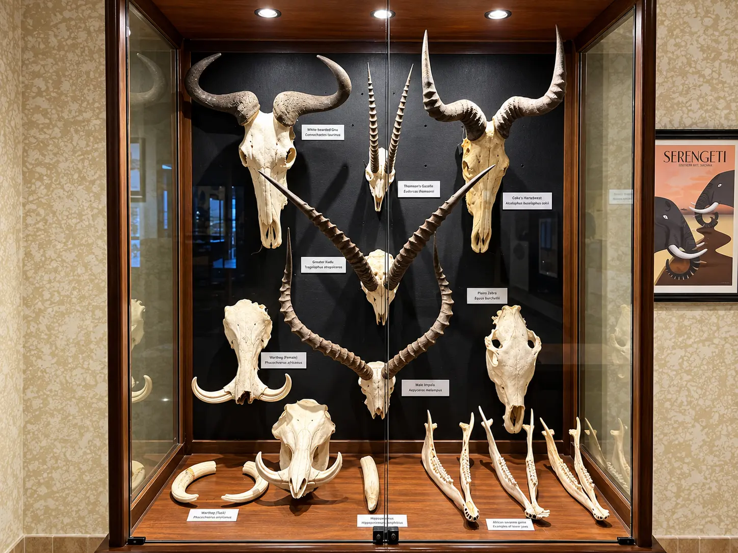 Wildlife skulls and horns on display inside the Discovery Centre at Four Seasons Safari Lodge Serengeti in Tanzania.
