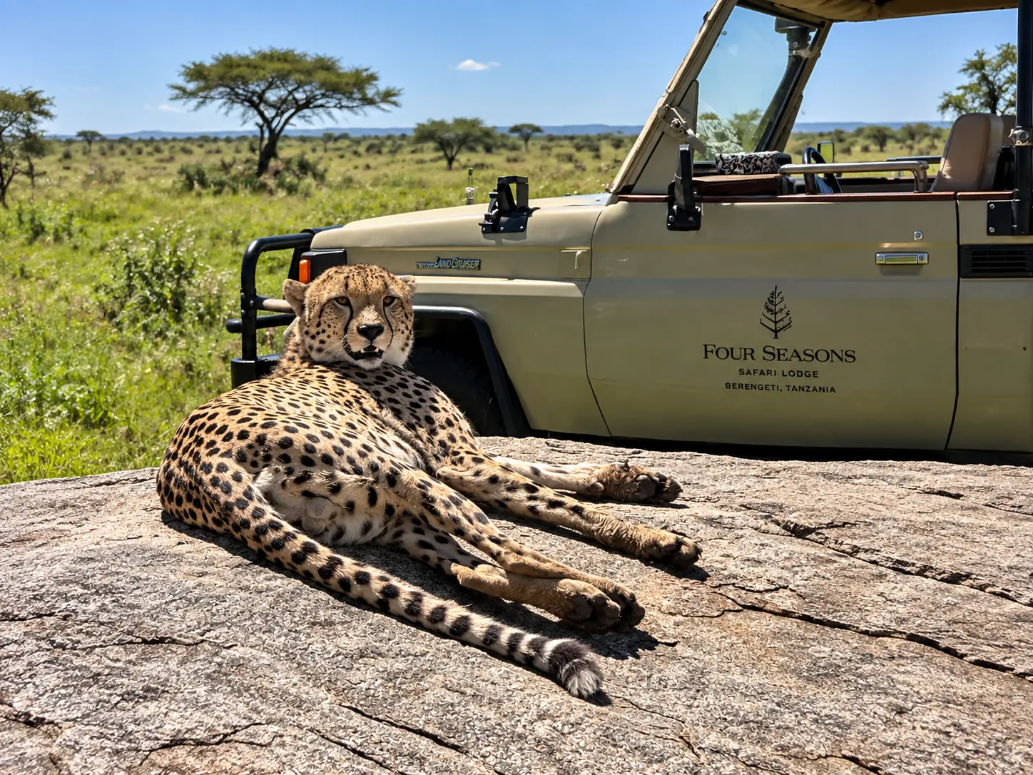Cheetah beside a Four Seasons Serengeti safari vehicle after asking our ranger to look for cheetahs during our game drive.