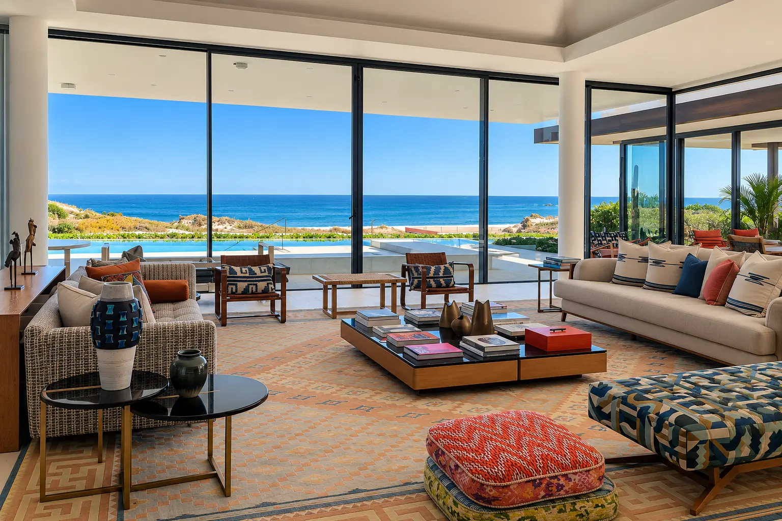 Oceanfront villa living room with private pool and Pacific Ocean views at Four Seasons Resort and Residences Cabo San Lucas at Cabo Del Sol