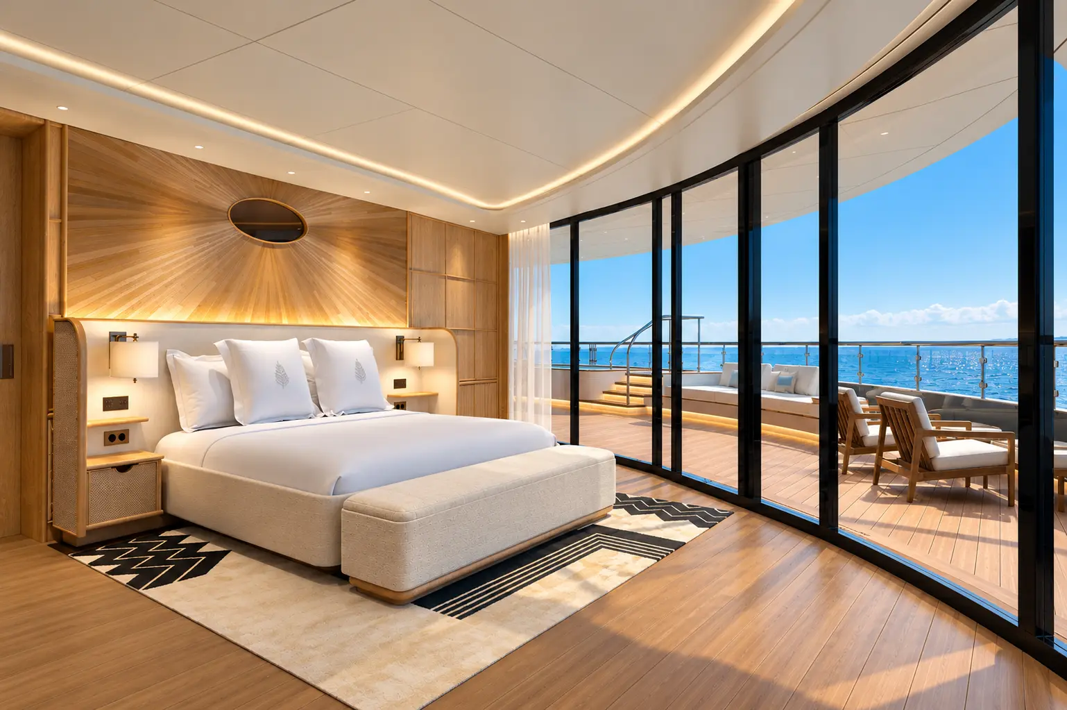 Four Seasons I yacht suite bedroom with private terrace and ocean views