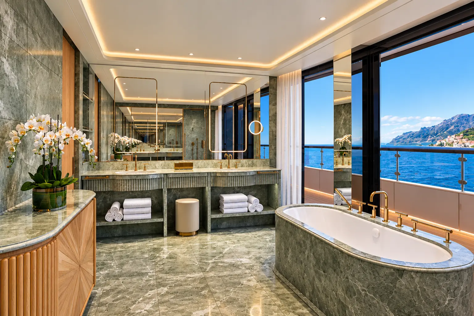 Four Seasons I yacht suite marble bathroom with bathtub overlooking the ocean