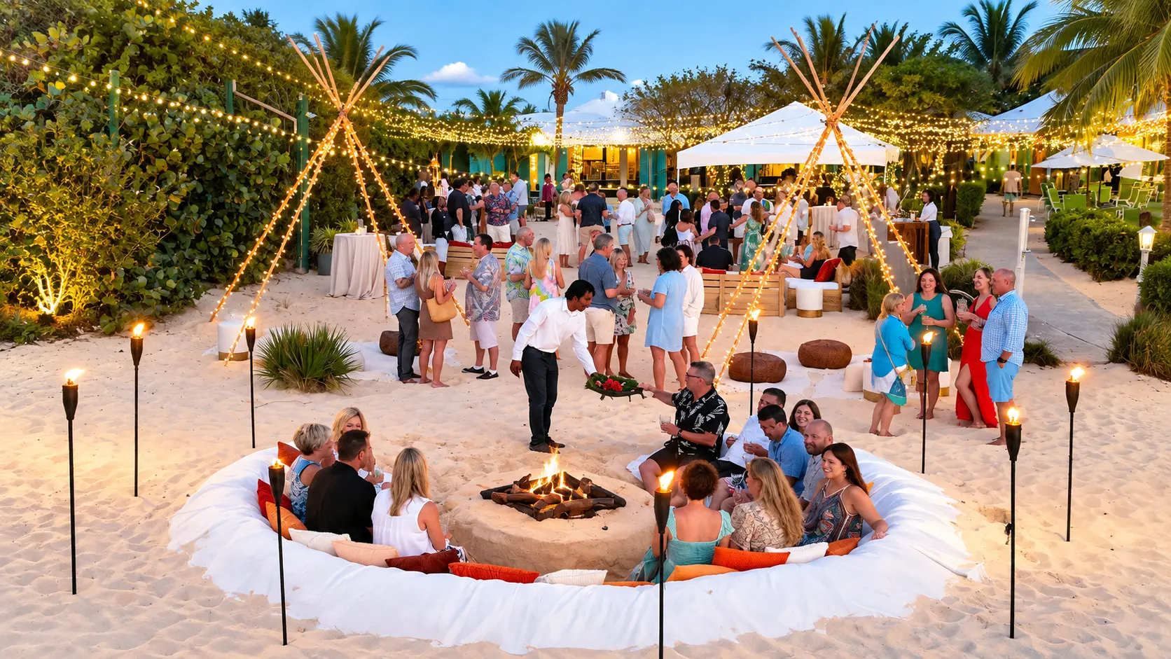 New Year’s Eve beach party in the Caribbean with firepit, cocktails and string lights