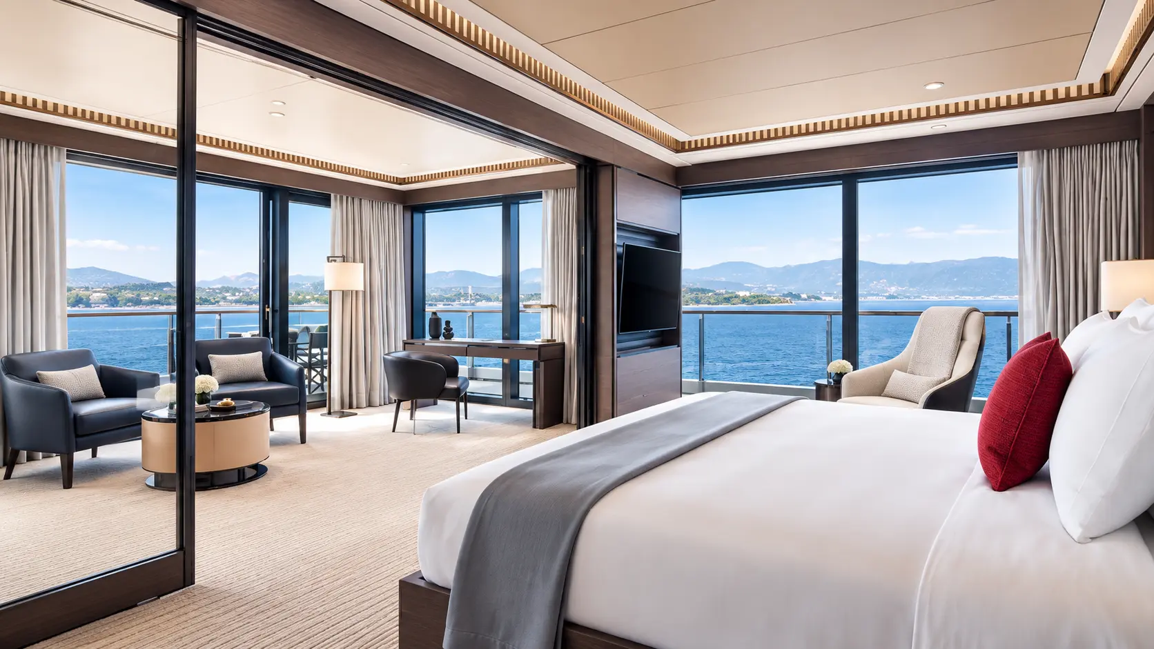 Luxury suite bedroom aboard The Ritz-Carlton Yacht Collection with floor-to-ceiling windows and ocean views.