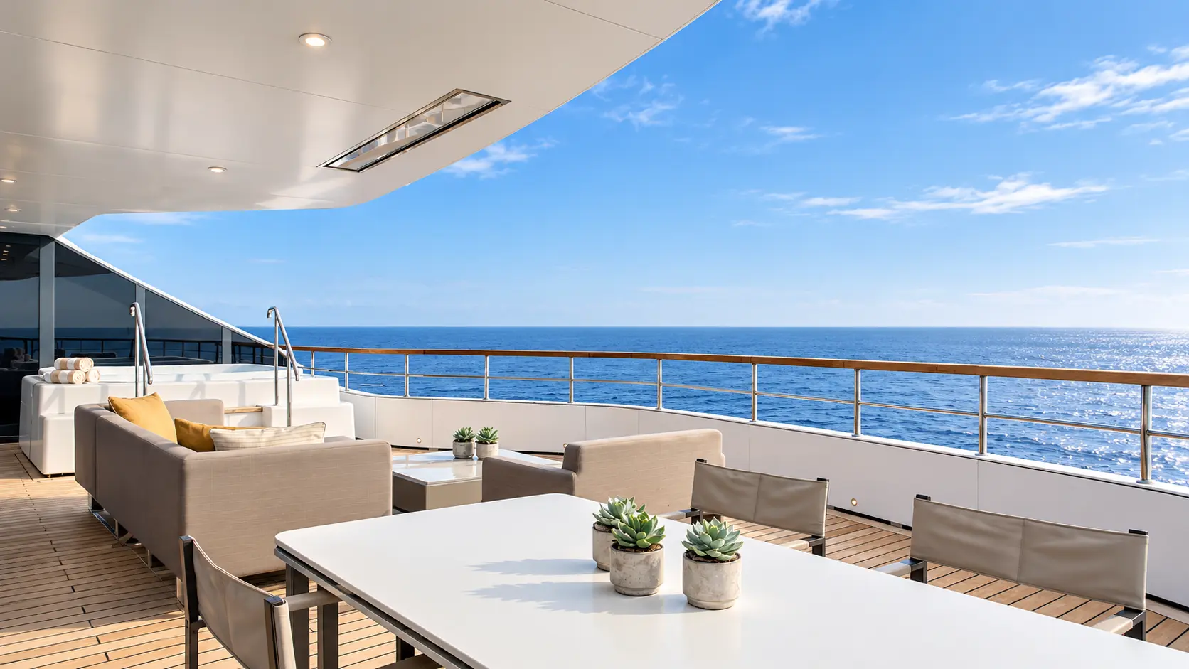 Private yacht terrace with outdoor dining, lounge seating and panoramic ocean views aboard The Ritz-Carlton Yacht Collection.
