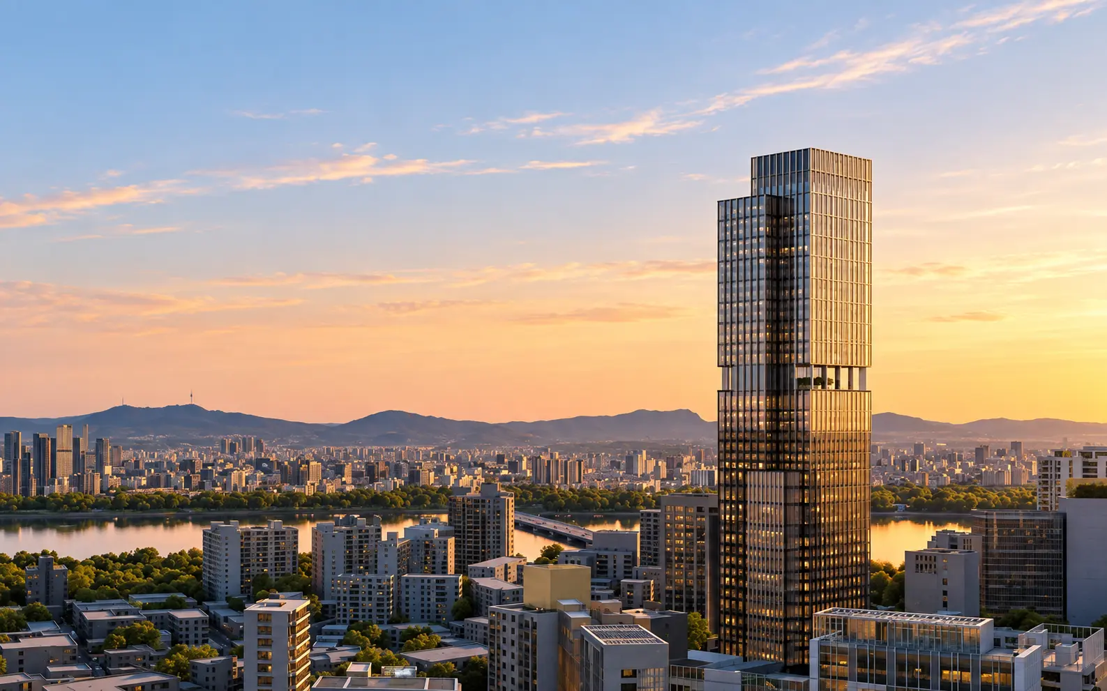 Exterior architectural rendering of the 38-story Aman Seoul tower in Cheongdam overlooking the Han River at sunset