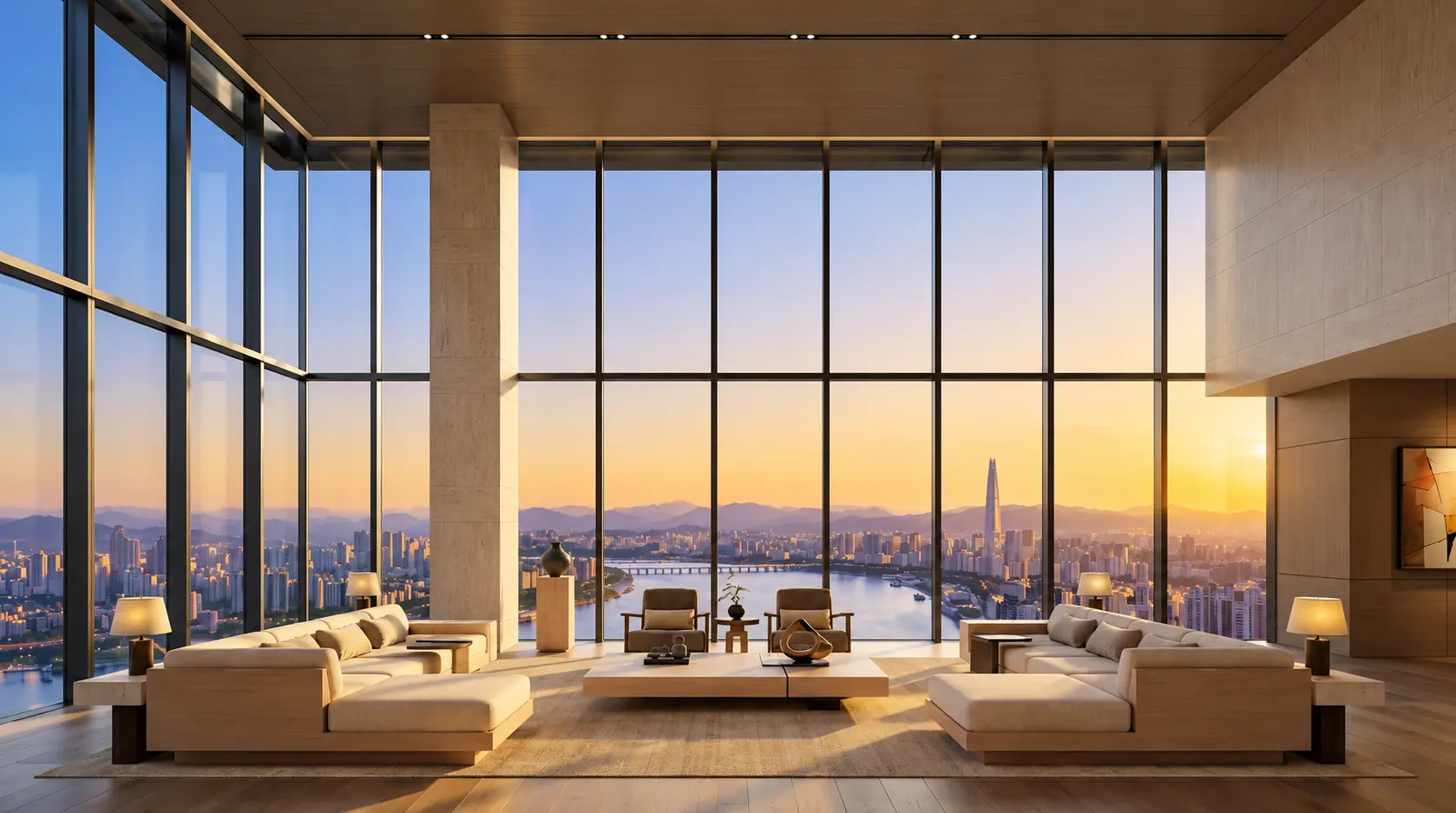 Interior rendering of an Aman Seoul residence lounge with floor-to-ceiling windows overlooking the Han River and Lotte World Tower.