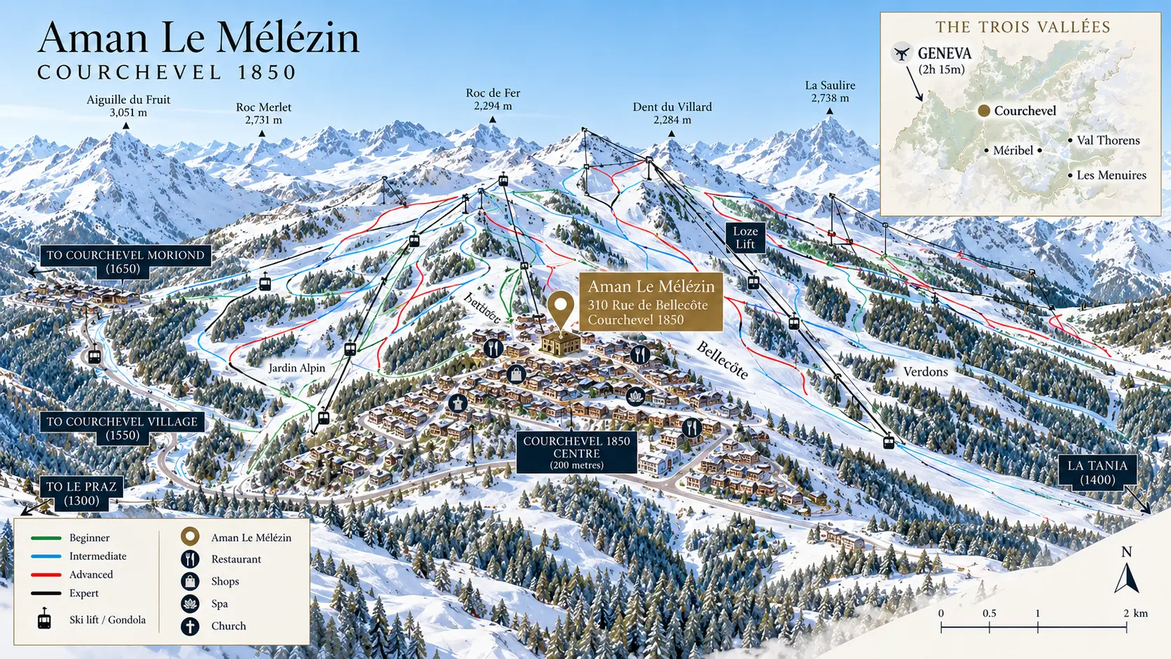 Map showing Aman Le Mélézin on the Bellecôte Piste in Courchevel 1850 and its location within Les Trois Vallées.