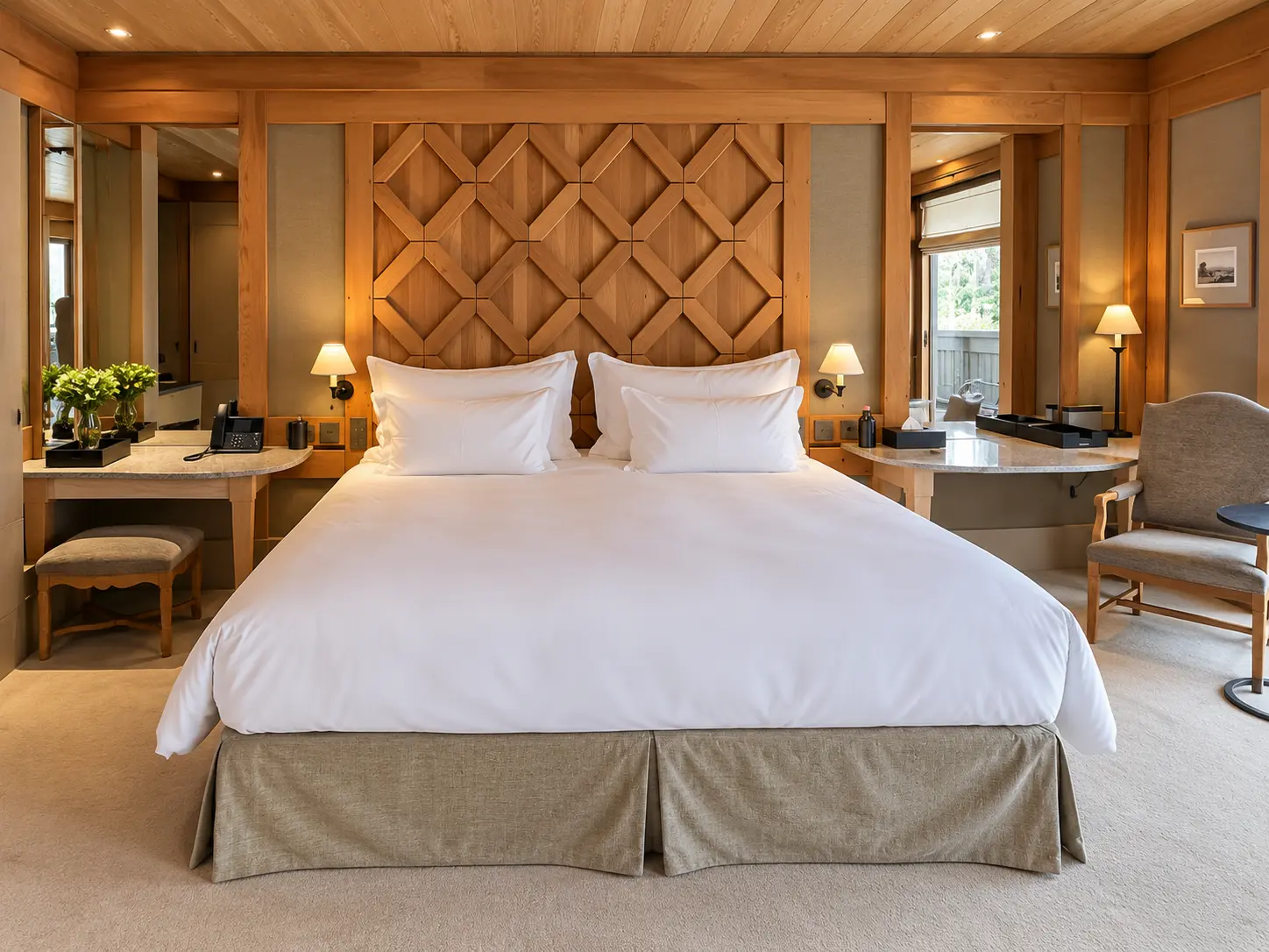 Chambre Ski Piste bedroom at Aman Le Mélézin with a king bed, geometric timber headboard and warm Alpine interiors.