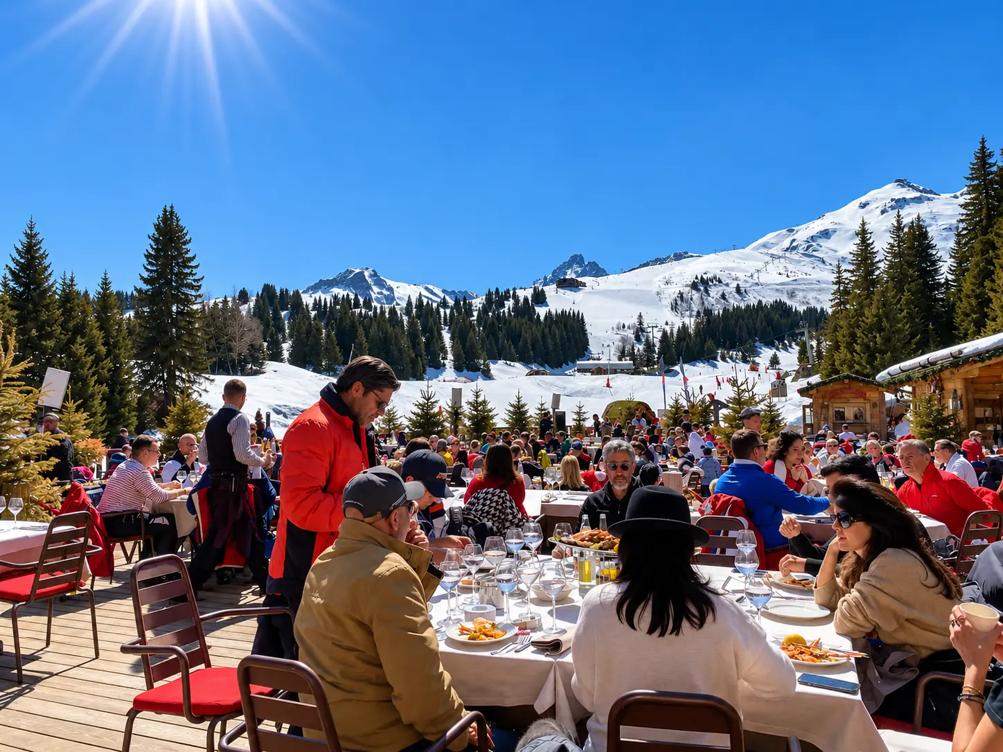 Busy outdoor mountain restaurant terrace in Courchevel with skiers dining beneath snow-covered Alpine peaks.