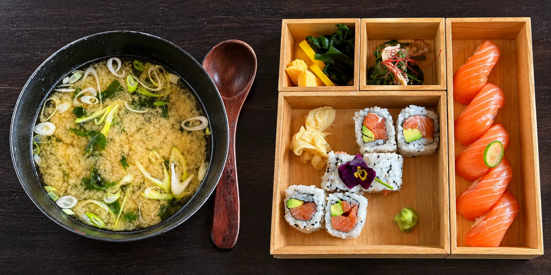 Salmon nigiri, sushi rolls and miso soup served for lunch at Aman Le Mélézin in Courchevel.