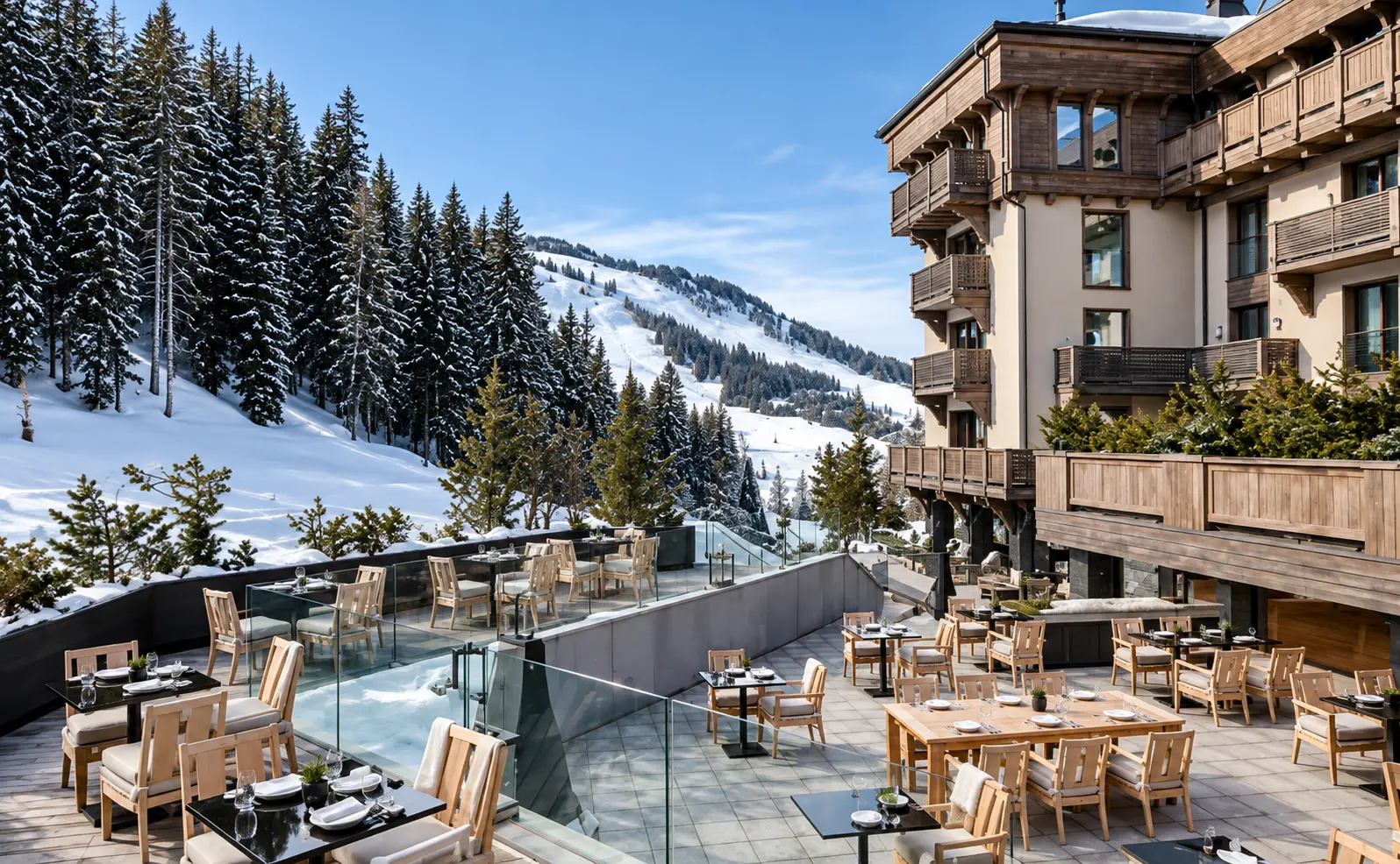 Outdoor dining terrace at Aman Le Mélézin beside the ski slopes in Courchevel 1850.