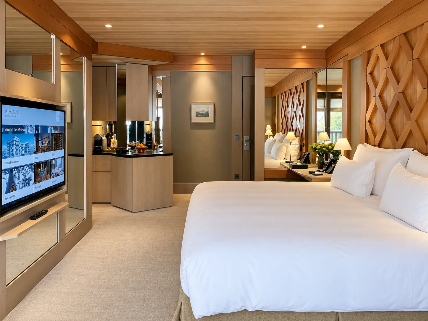 Interior of a Chambre Ski Piste at Aman Le Mélézin showing warm timber finishes and Alpine-style furnishings.