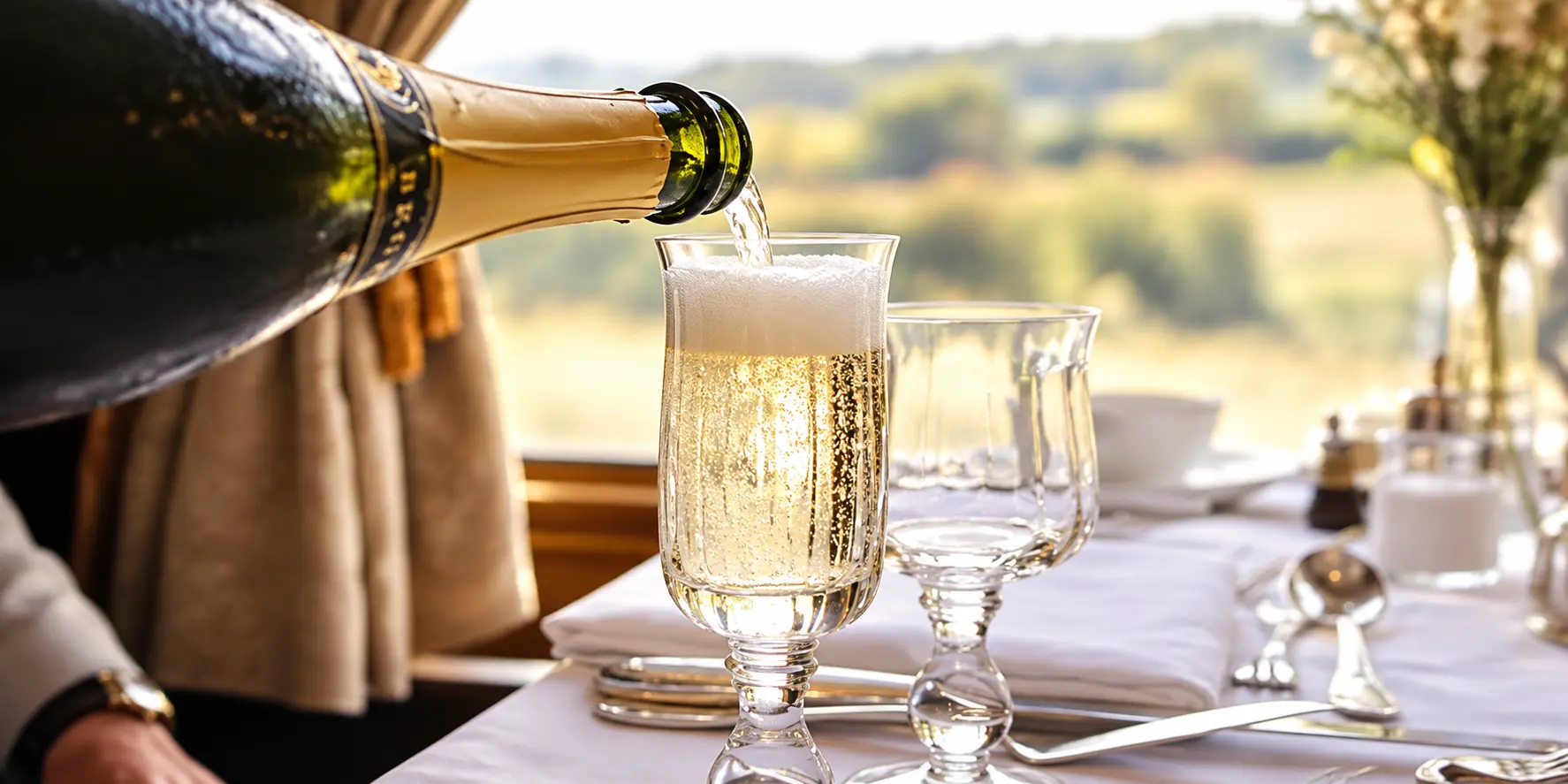 Champagne served aboard the British Pullman for New Year’s Eve 2026
