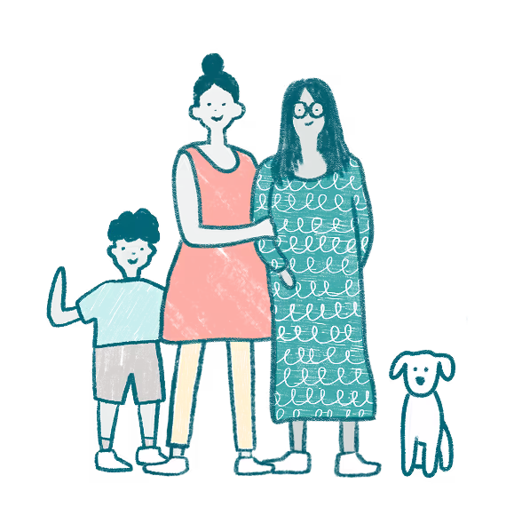 A woman and two children standing next to a dog.