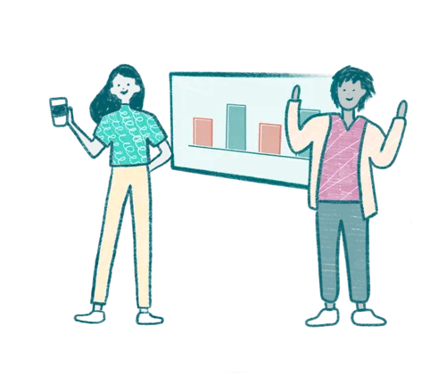 Two people standing in front of a white board.