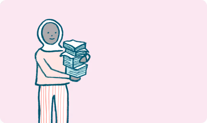 A drawing of a person holding a stack of books.