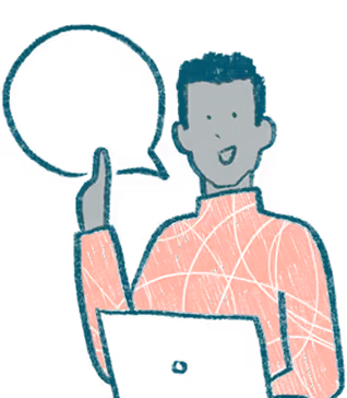 Illustration of a person with a laptop raising one finger and a speech bubble above them.