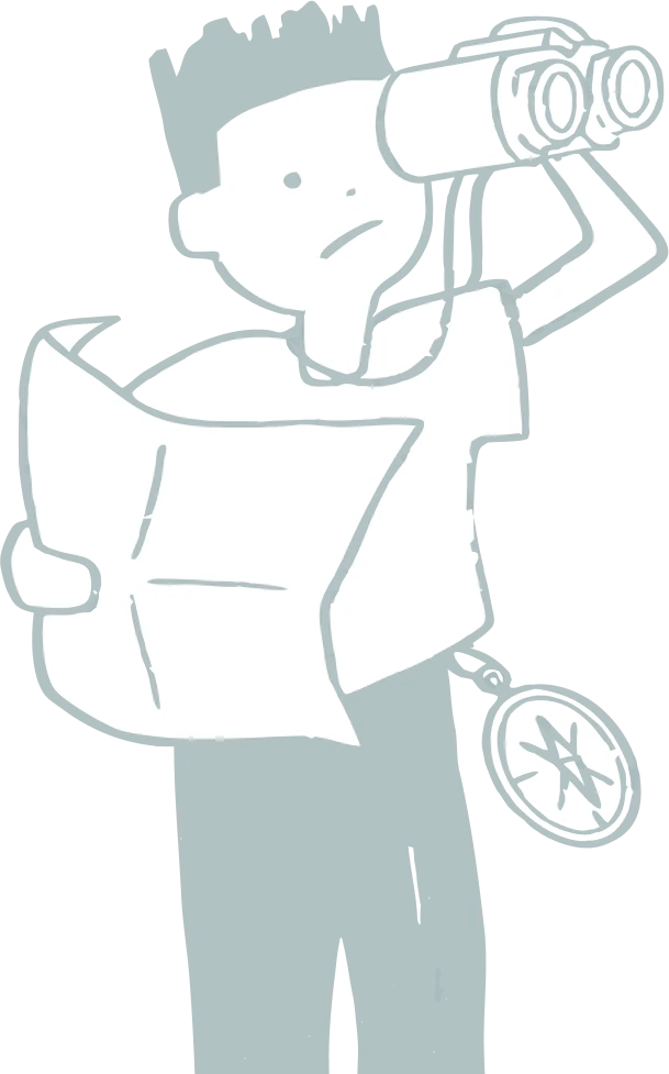 Illustration of a person with binoculars and a map