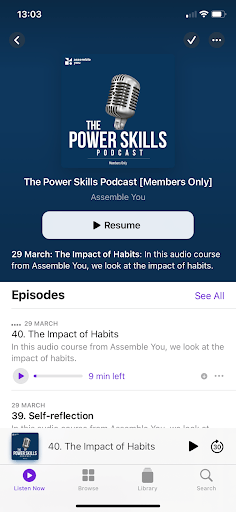An iPhone screenshot from Apple podcasts displaying The Power Skills Podcast