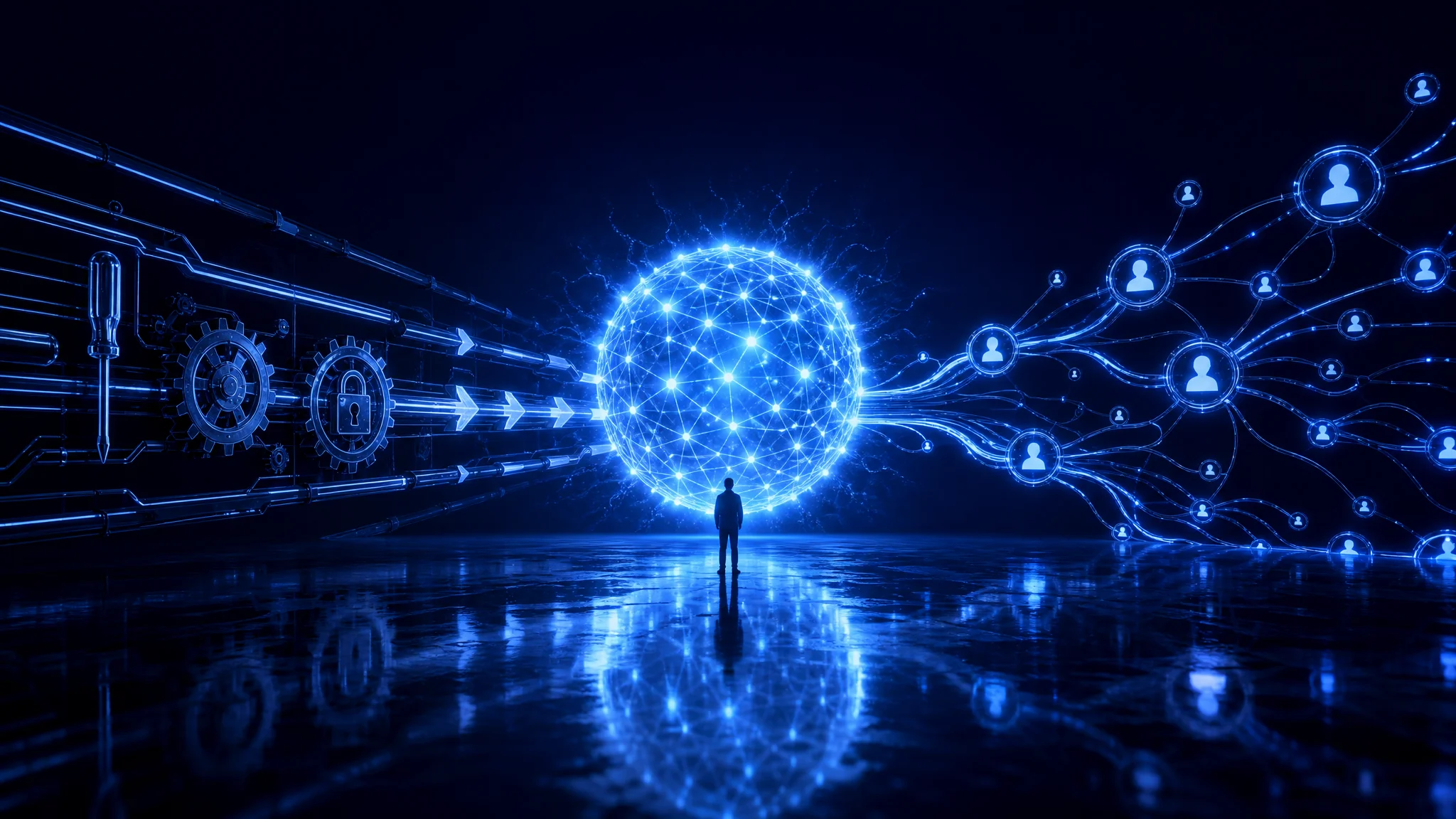 Een cinematisch beeld van een gloeiende AI-agent in een donker, futuristisch landschap, symbolisch voor intelligente automatisering.
