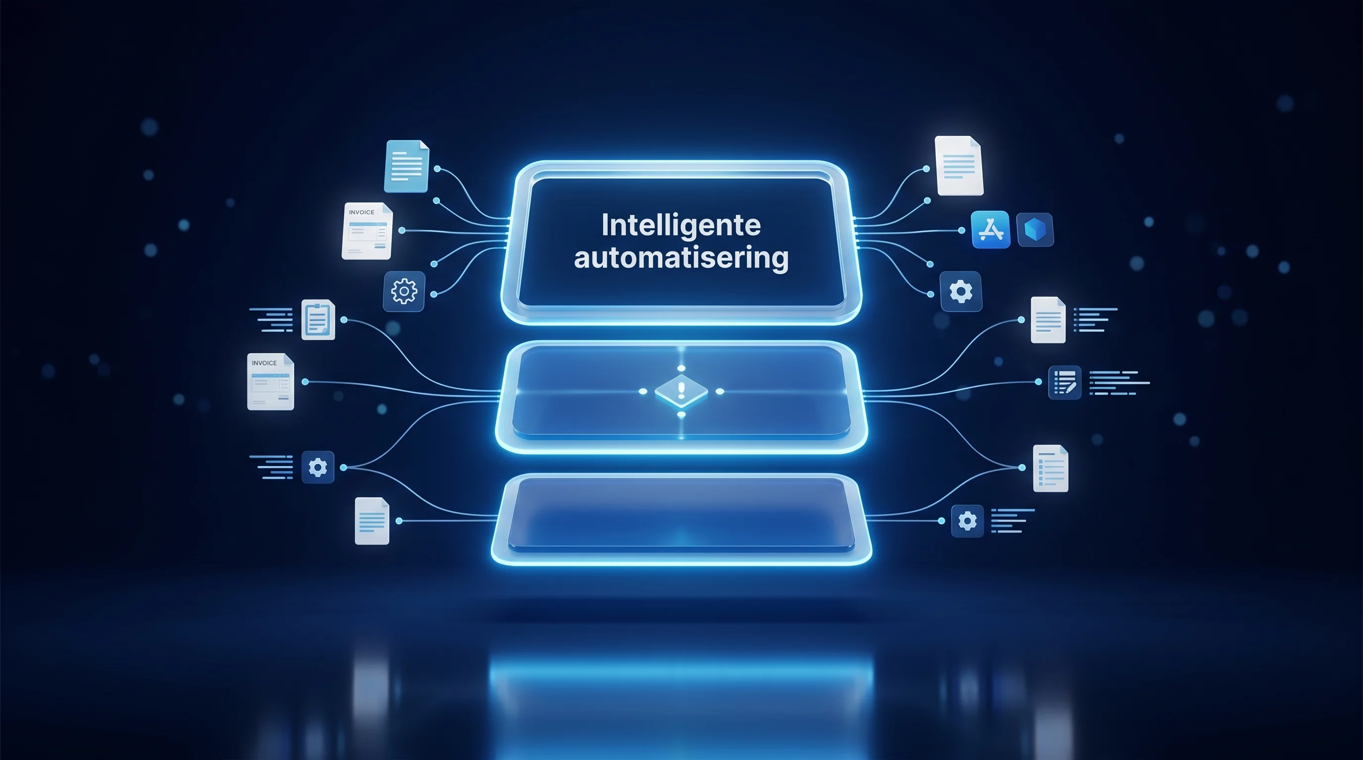 Intelligente procesautomatisering drie-lagen-model: van RPA via IPA naar agentic AI, gevisualiseerd als glowende procesarchitectuur