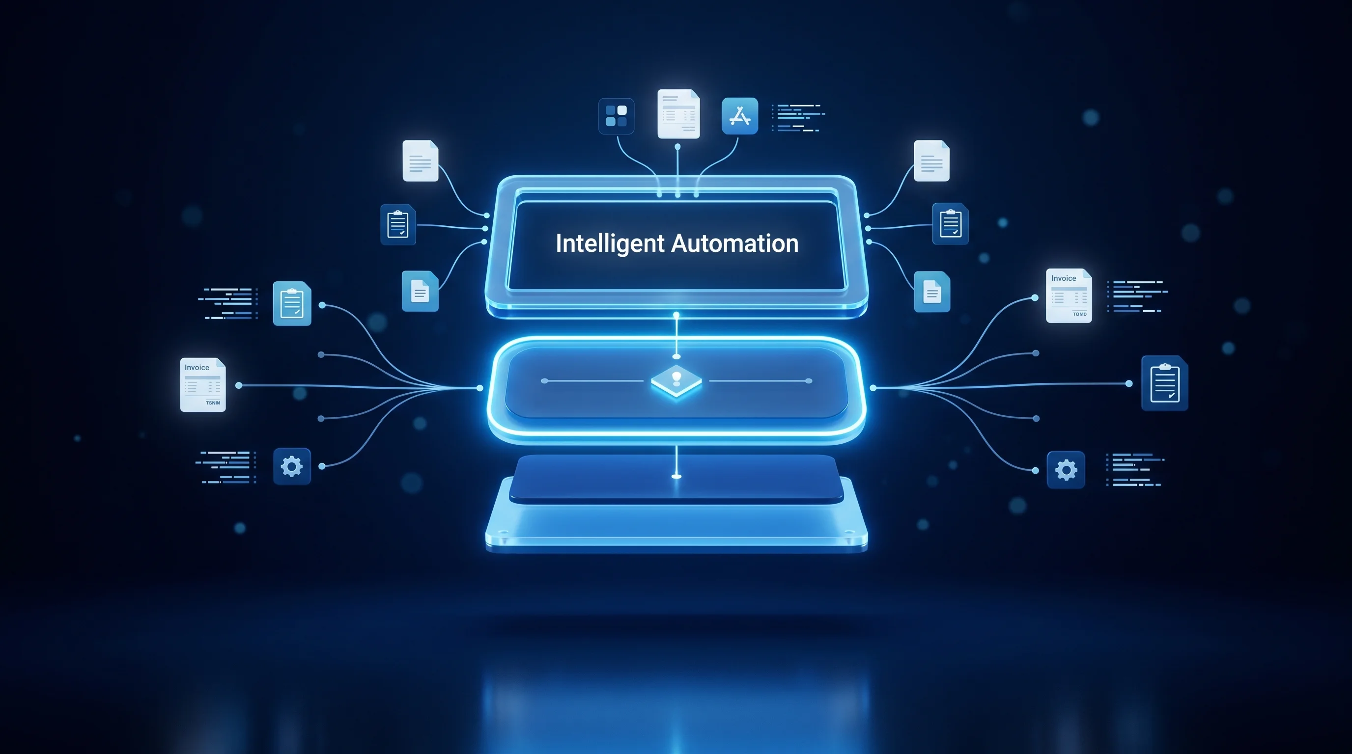 Intelligent process automation three-layer model: from RPA via IPA to agentic AI, visualised as a glowing process architecture