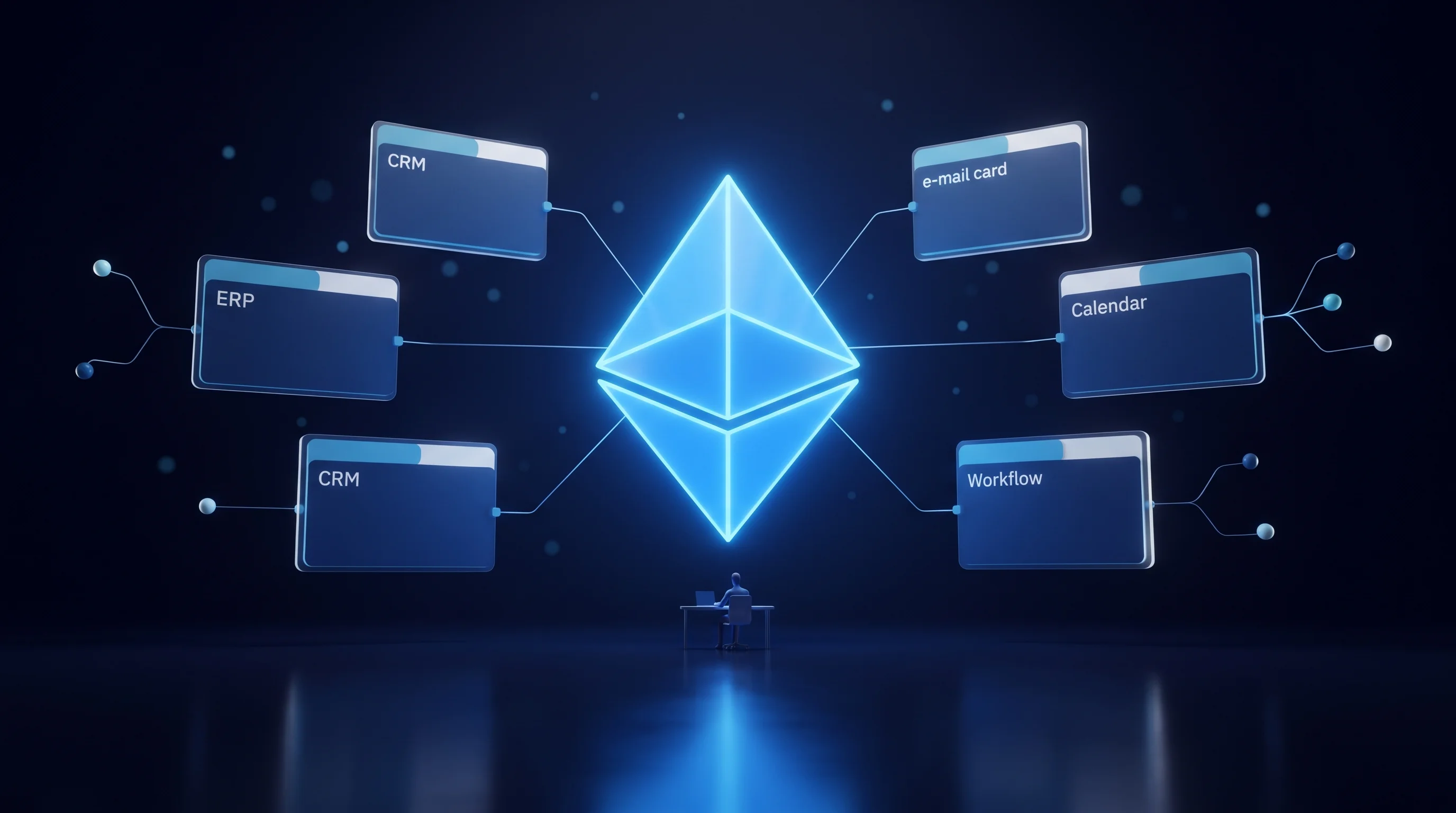 Glowing autonomous AI agent node connected to floating business system cards in a dark cinematic scene