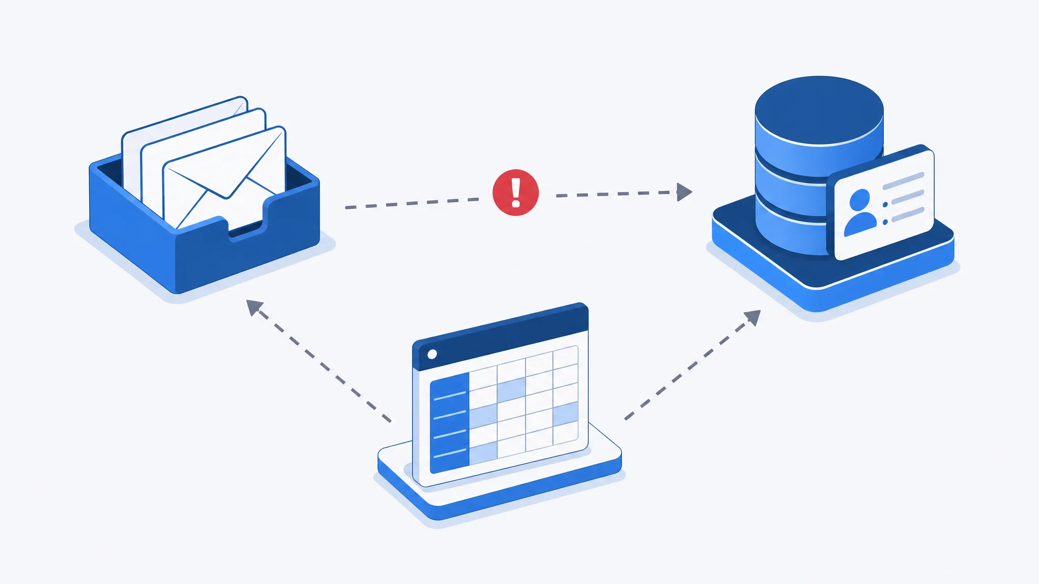 Schematic of manual invoice processing spread across email, accounting software, and CRM
