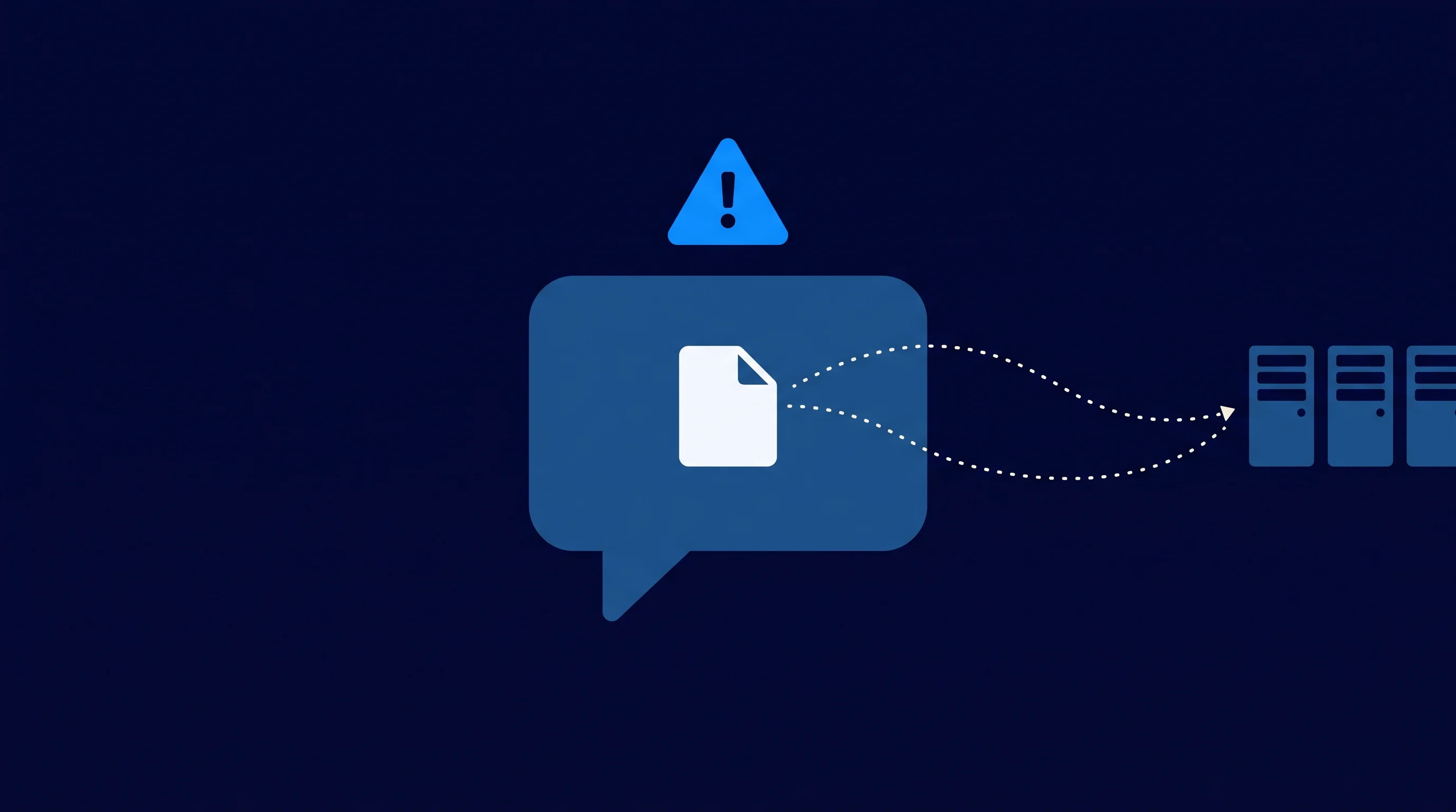 * Illustratie van een chatbubbel met een document dat naar onbekende servers lekt, symbool voor risico's van AI-chatbots.