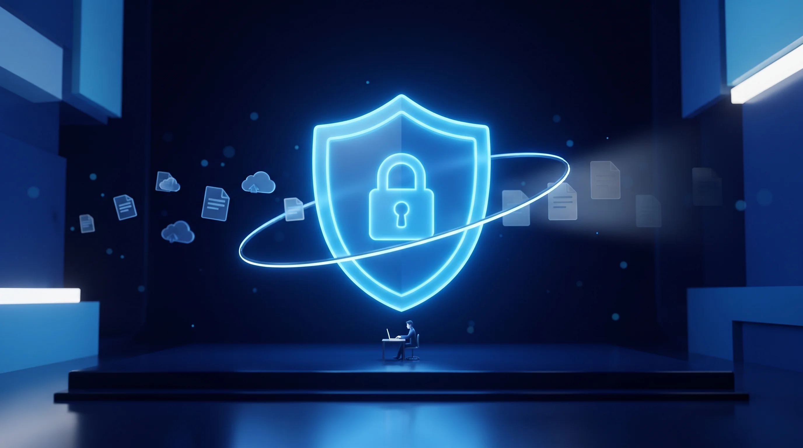 Cinematisch beeld van een gloeiend schild met slot dat databronnen filtert, symbool voor AVG-compliant AI.