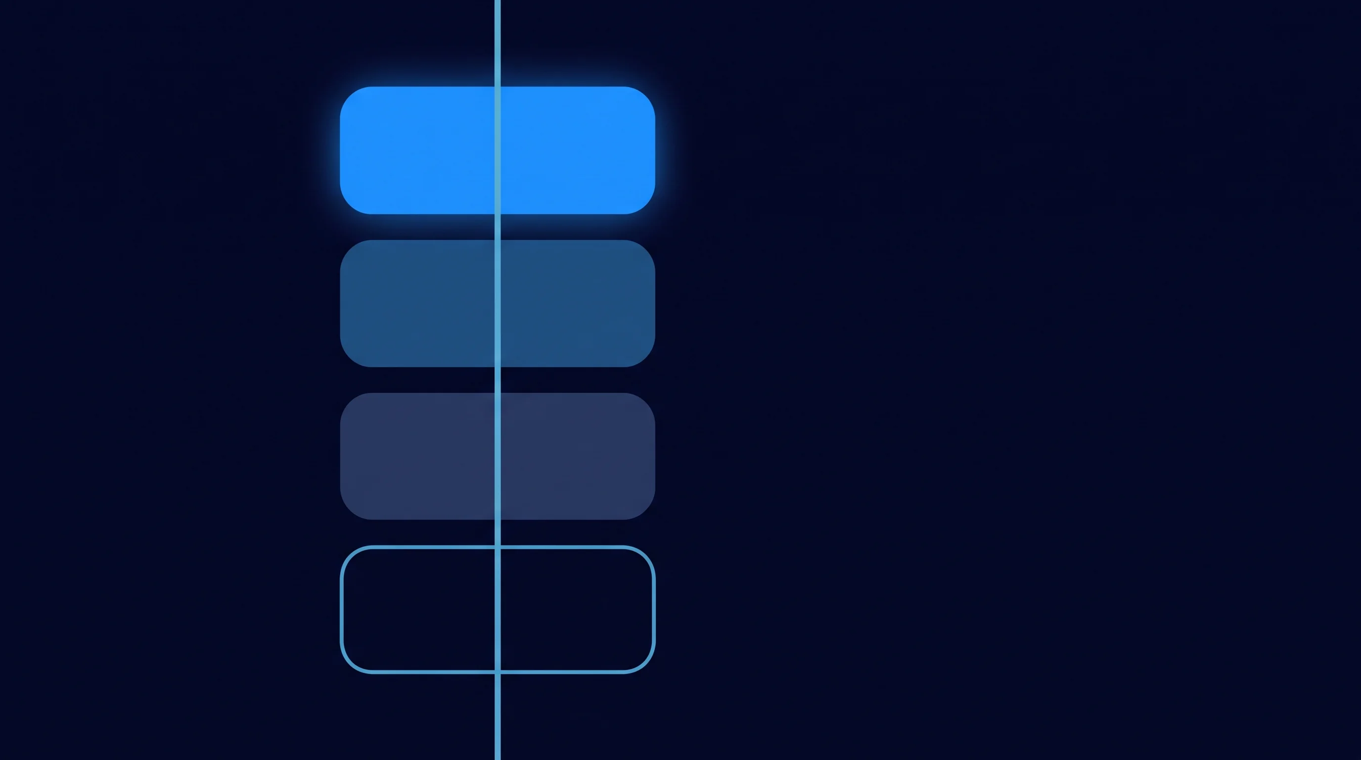 Verticale kolom van vier tegels aflopend in helderheid, symbool voor een AI-roadmap als prioriteitsvolgorde in plaats van een tijdlijn vol taken.