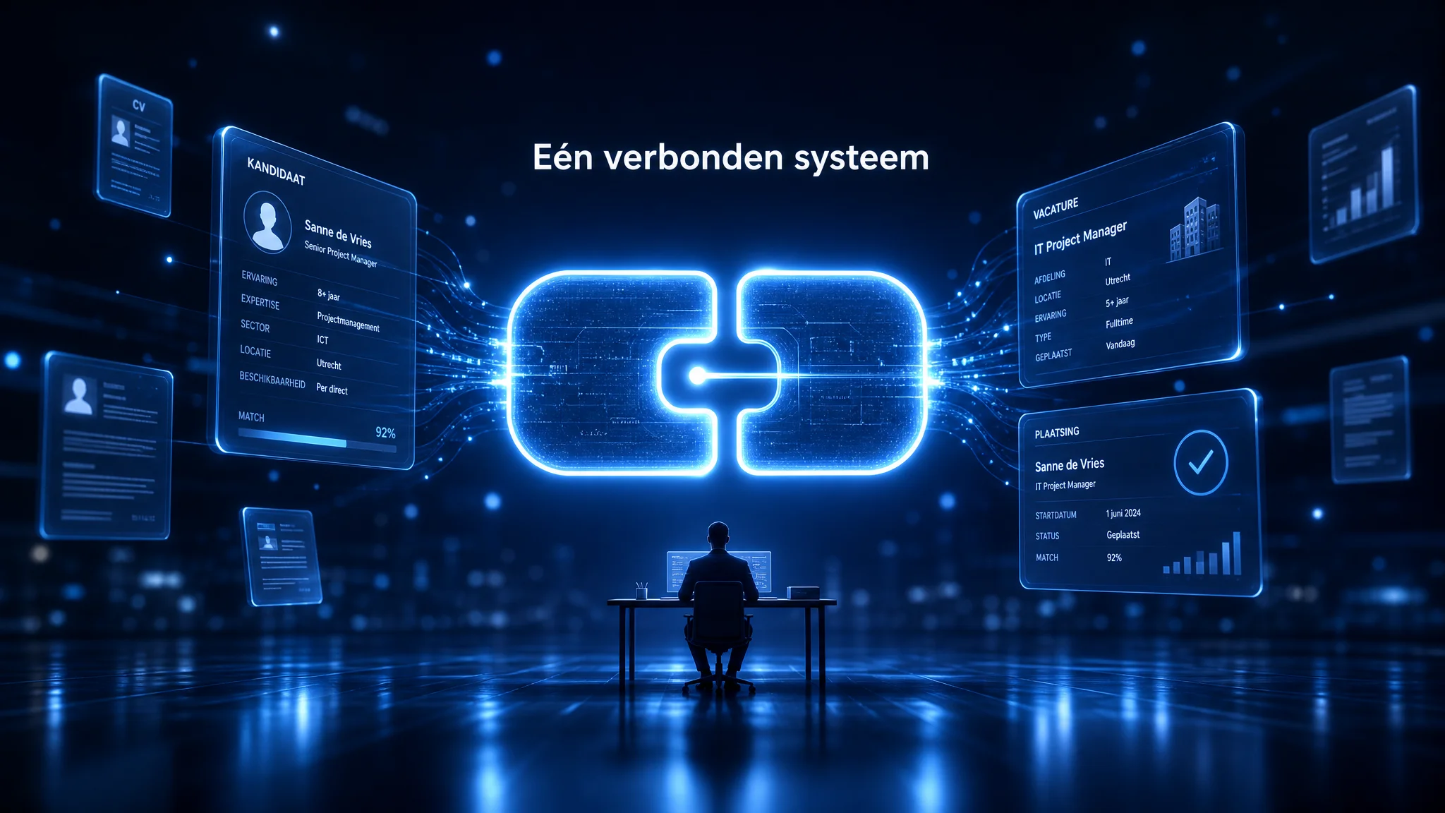 Gloeiende verbindingsnode koppelt een ATS-datastructuur aan een groter netwerk van bedrijfsdata, cinematische 3D-render in donkerblauw.