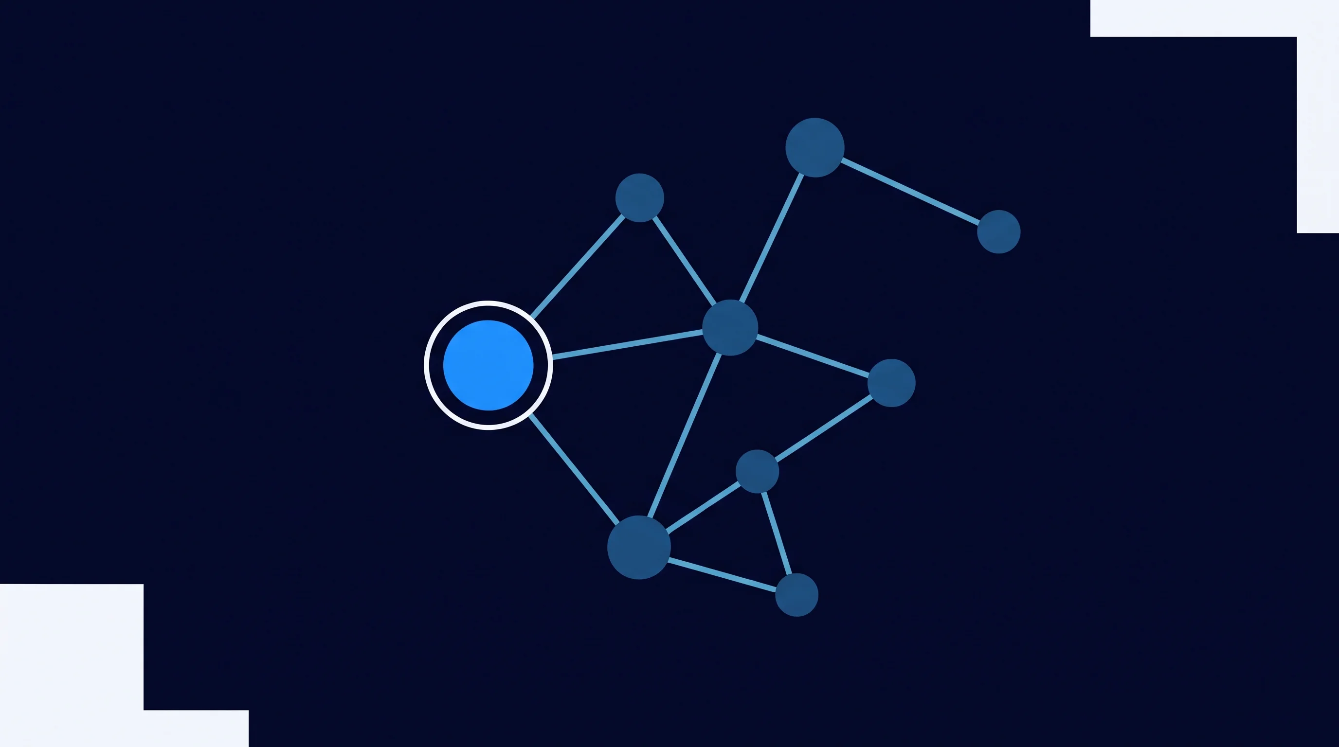 Netwerk van verbonden knooppunten met één knooppunt gemarkeerd als kernsysteem, flat design illustratie.