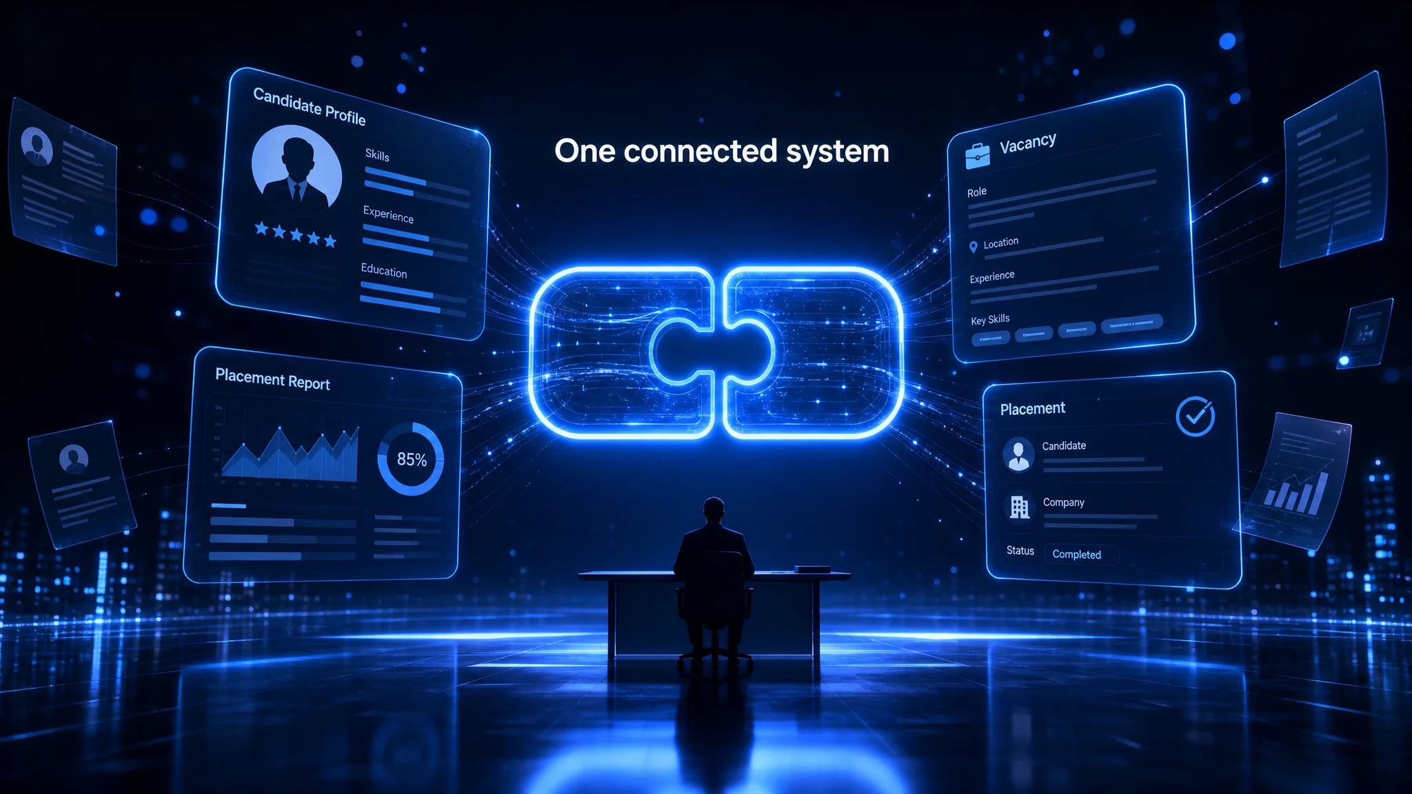 Glowing connector node links an ATS data structure to a wider network of business data, cinematic 3D render in dark blue.