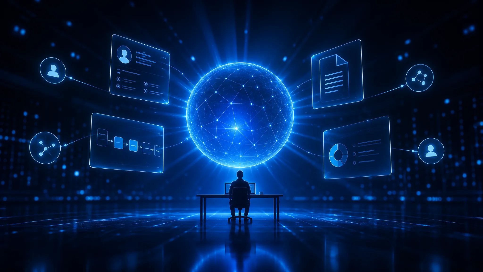 Glowing central data hub connecting CRM data to AI agents, cinematic 3D render in TAG blue