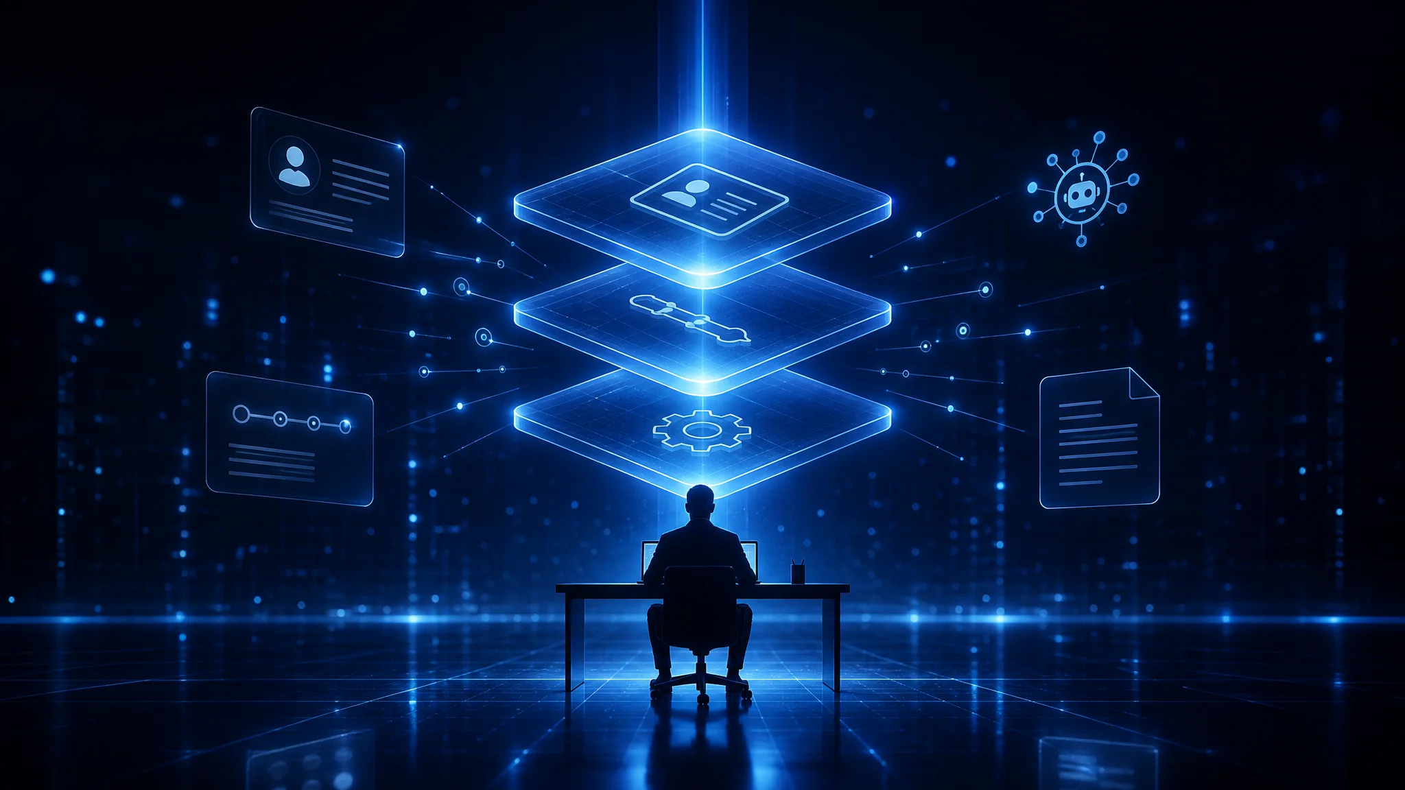 Glowing layered platform connecting HubSpot CRM data with AI agents, cinematic 3D render in TAG blue