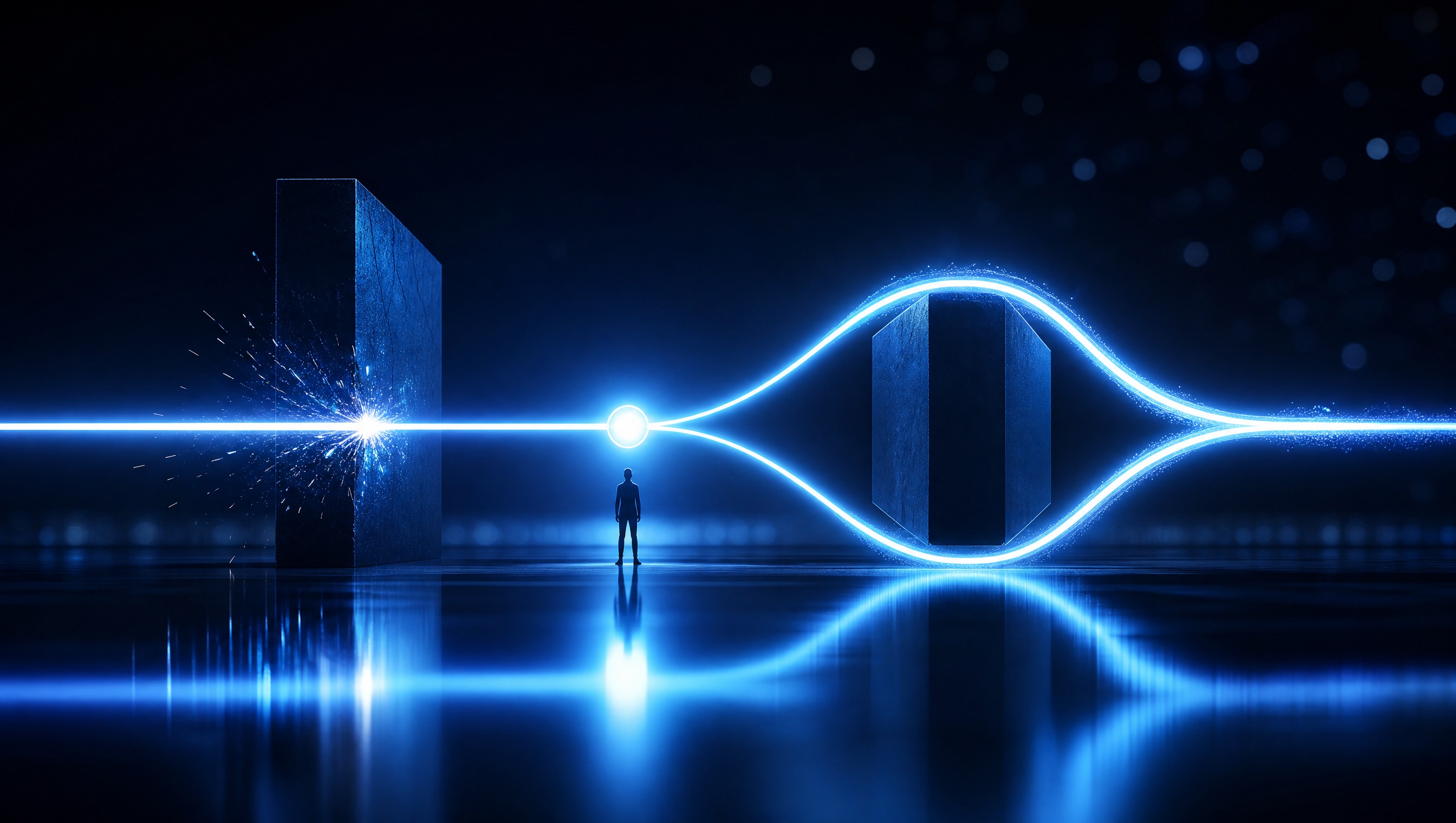 Een gloeiend vertakkend beslispad naast een star, recht script: RPA versus intelligente automatisering