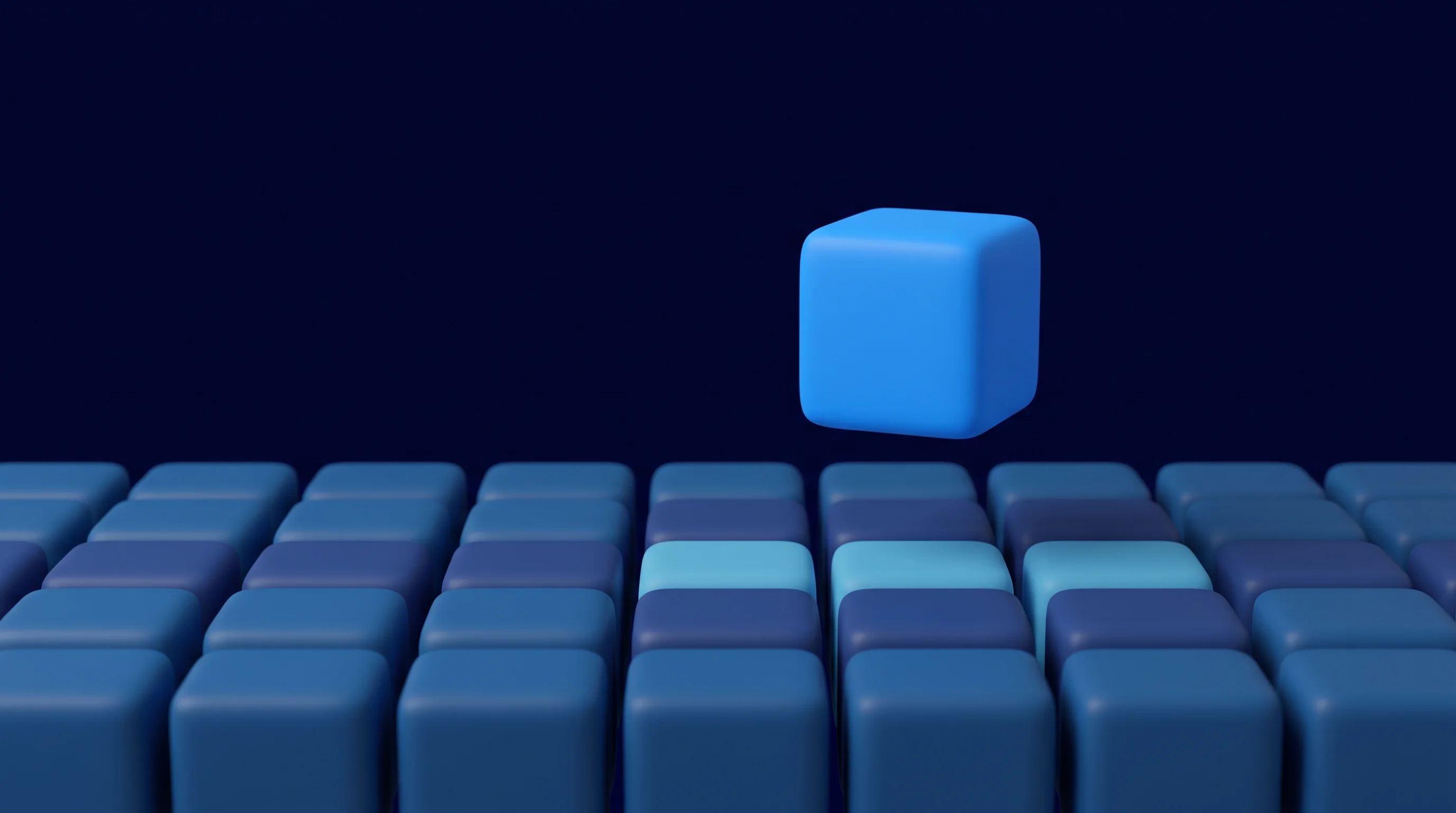 Matte 3D render of a blue cube hovering above an ordered platform of cubes